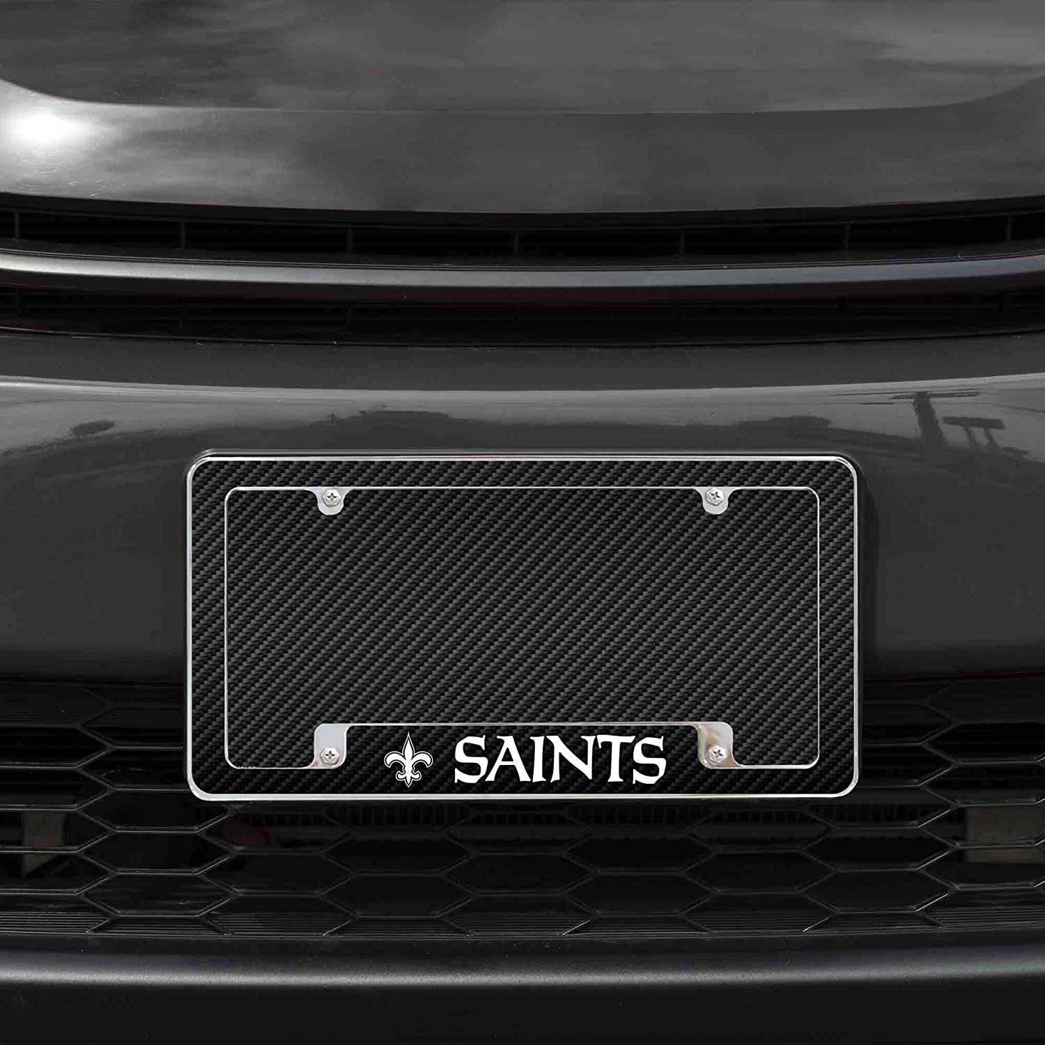New Orleans Saints Metal License Plate Frame Tag Cover Carbon Fiber Design 12x6 Inch