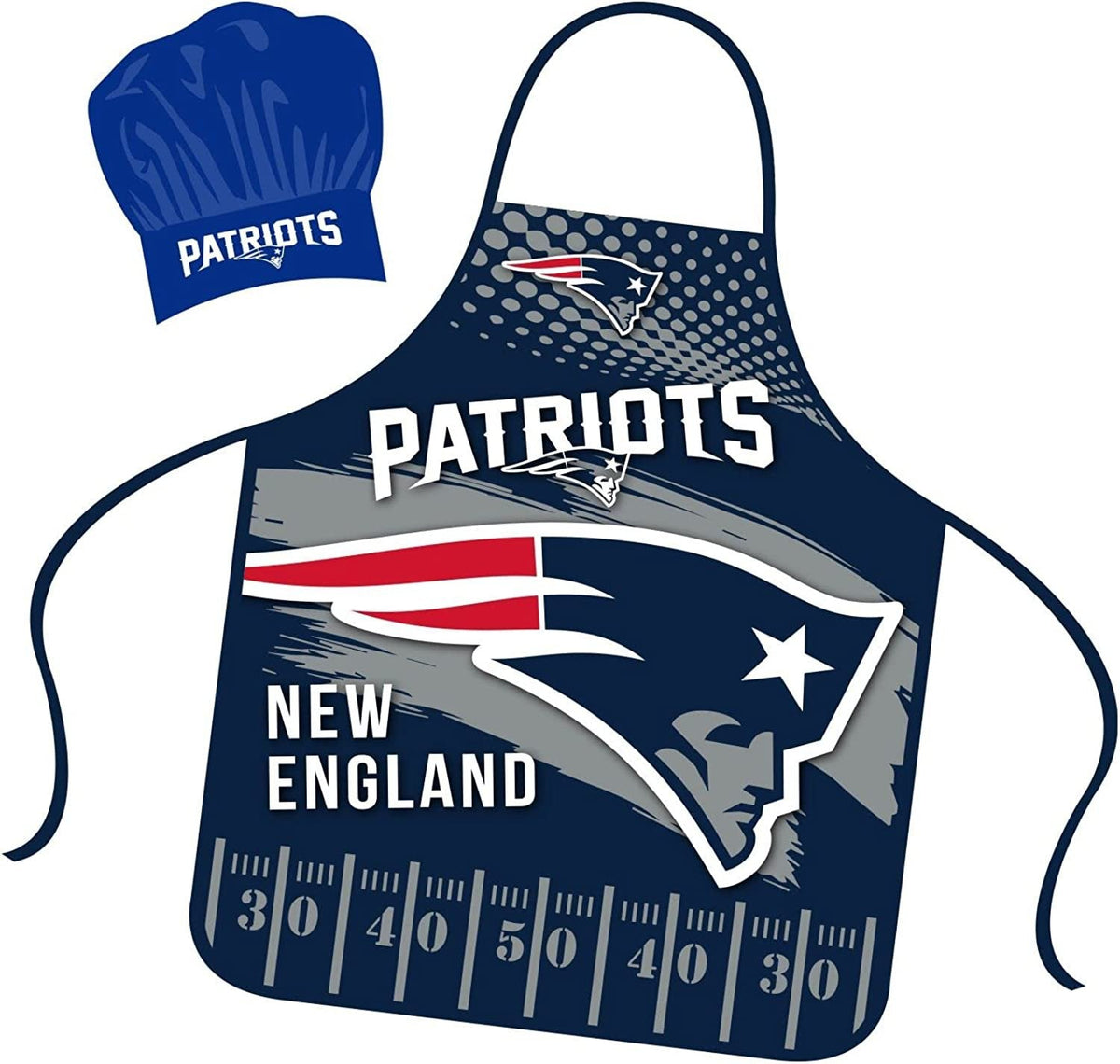 New England Patriots Apron Chef Hat Set Full Color Universal Size Tie Back Grilling Tailgate BBQ Cooking Host 1