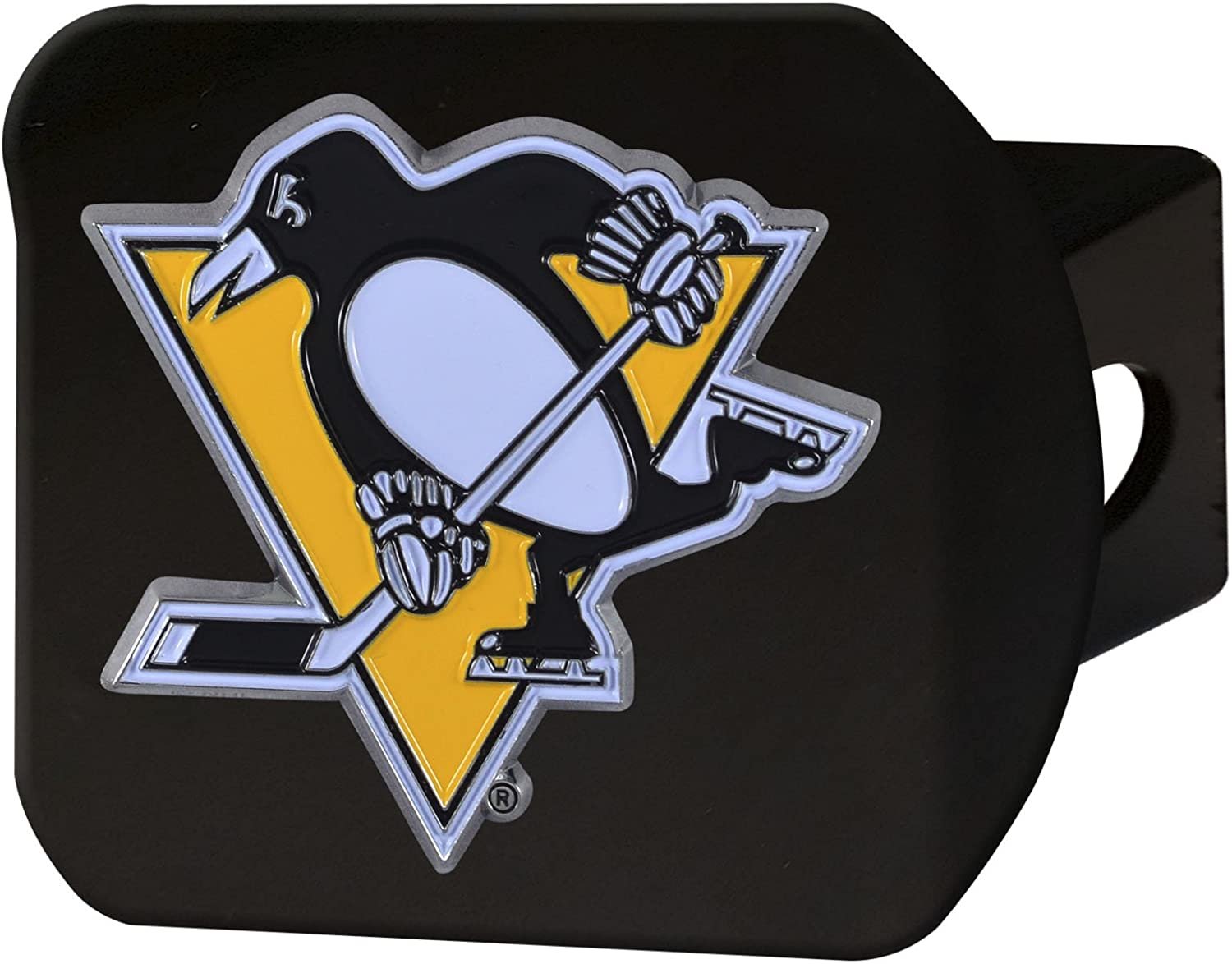 Pittsburgh Penguins Solid Metal Black Hitch Cover with Color Metal Emblem 2 Inch Square Type III