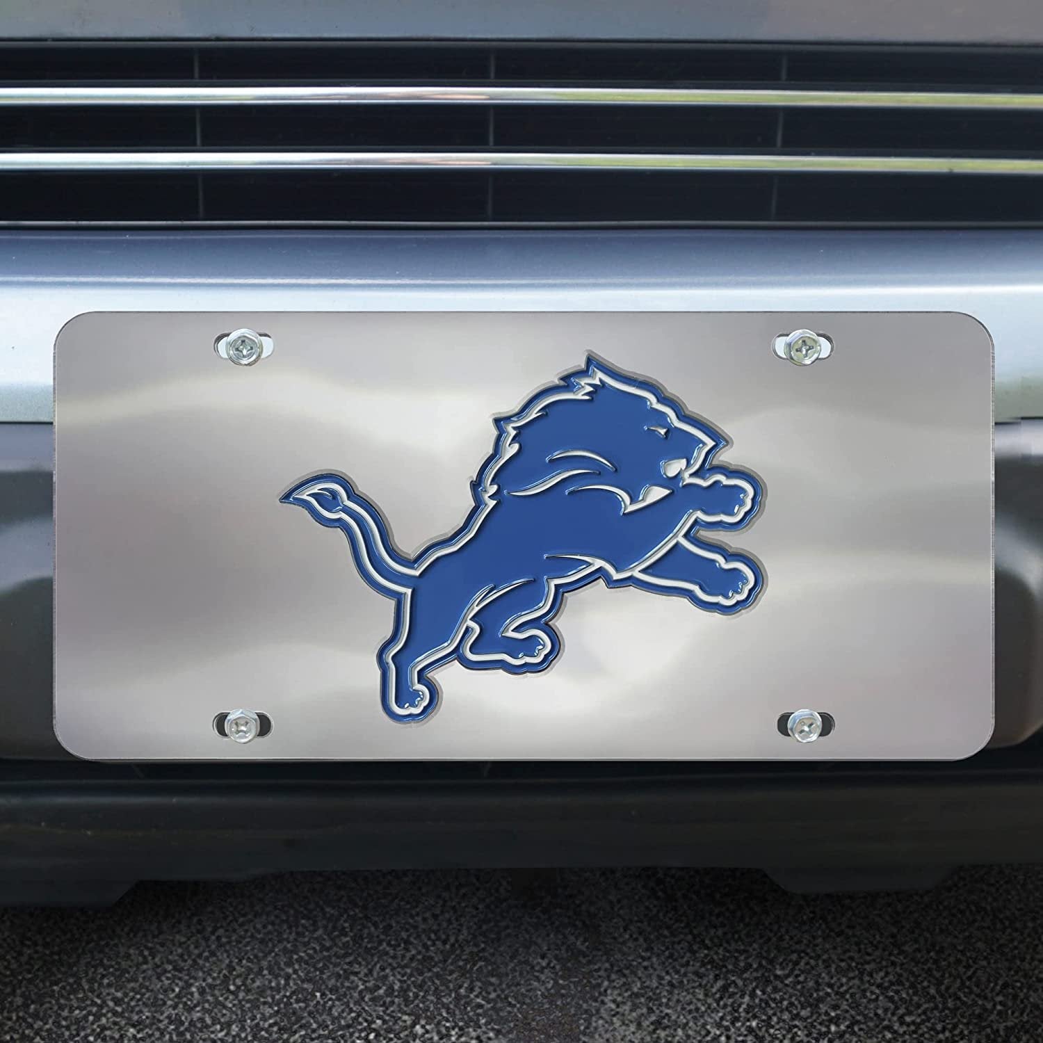 Detroit Lions License Plate Tag, Premium Stainless Steel Diecast, Chrome, Raised Solid Metal Color Emblem, 6x12 Inch