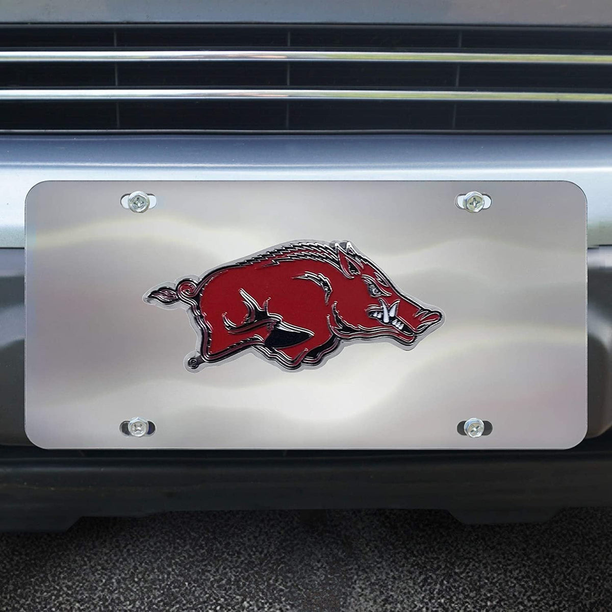 University of Arkansas Razorbacks License Plate Tag, Premium Stainless Steel Diecast, Chrome, Raised Solid Metal Color Emblem, 6x12 Inch
