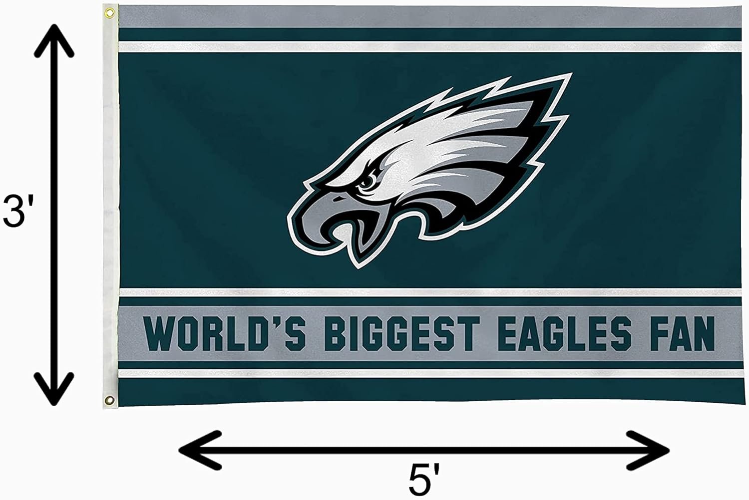 Philadelphia Eagles 3x5 Feet Flag Banner, World's Biggest Fan, Metal Grommets, Single Sided, Indoor or Outdoor Use 7