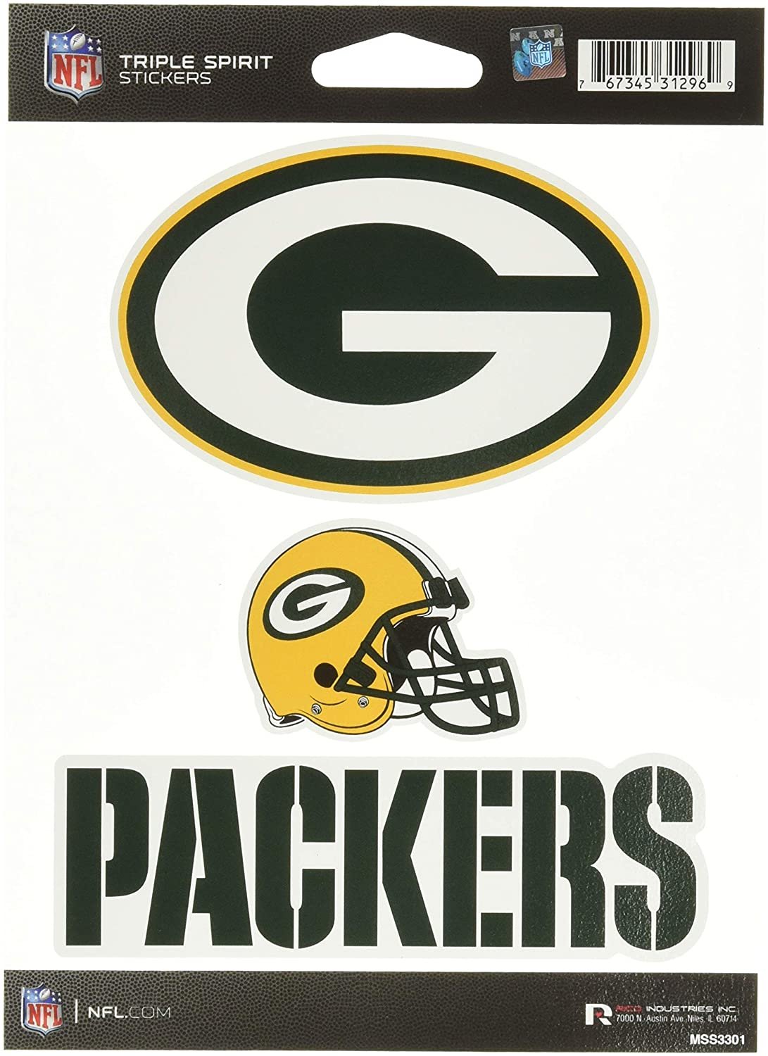 NFL Rico Industries Die Cut 3-Piece Triple Spirit Sticker Sheet, Green Bay Packers 1