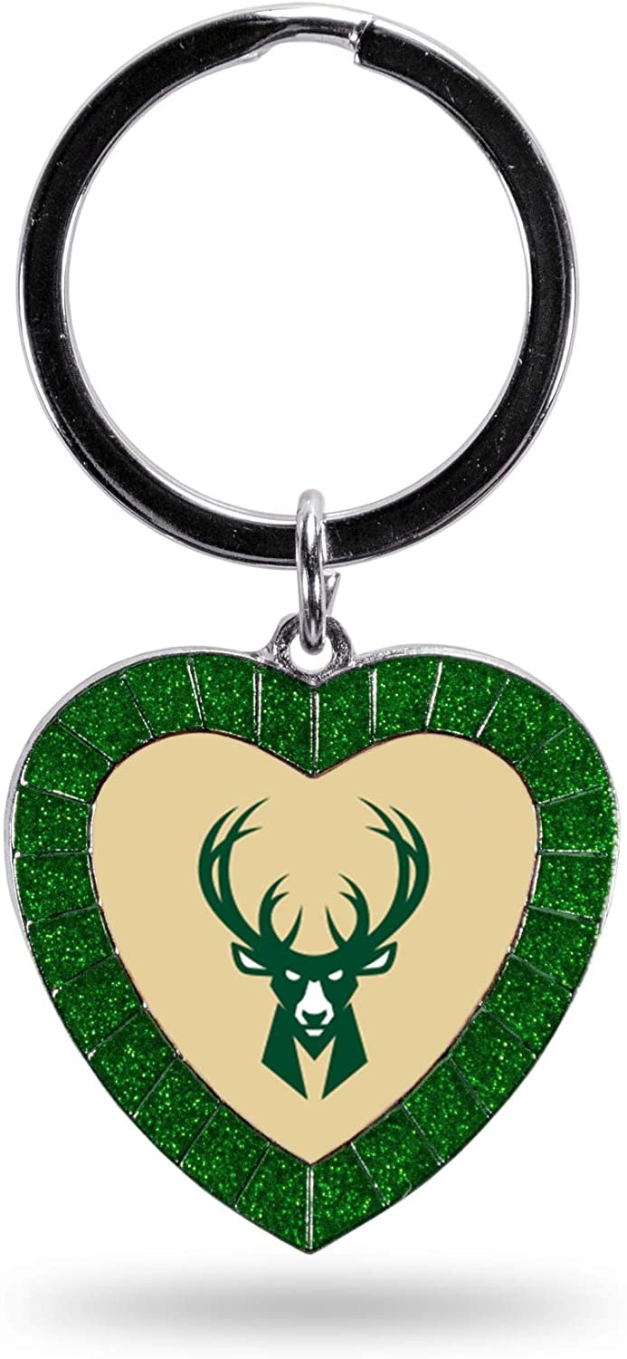 Milwaukee Bucks Metal Keychain Rhinestone Colored Heart Shape