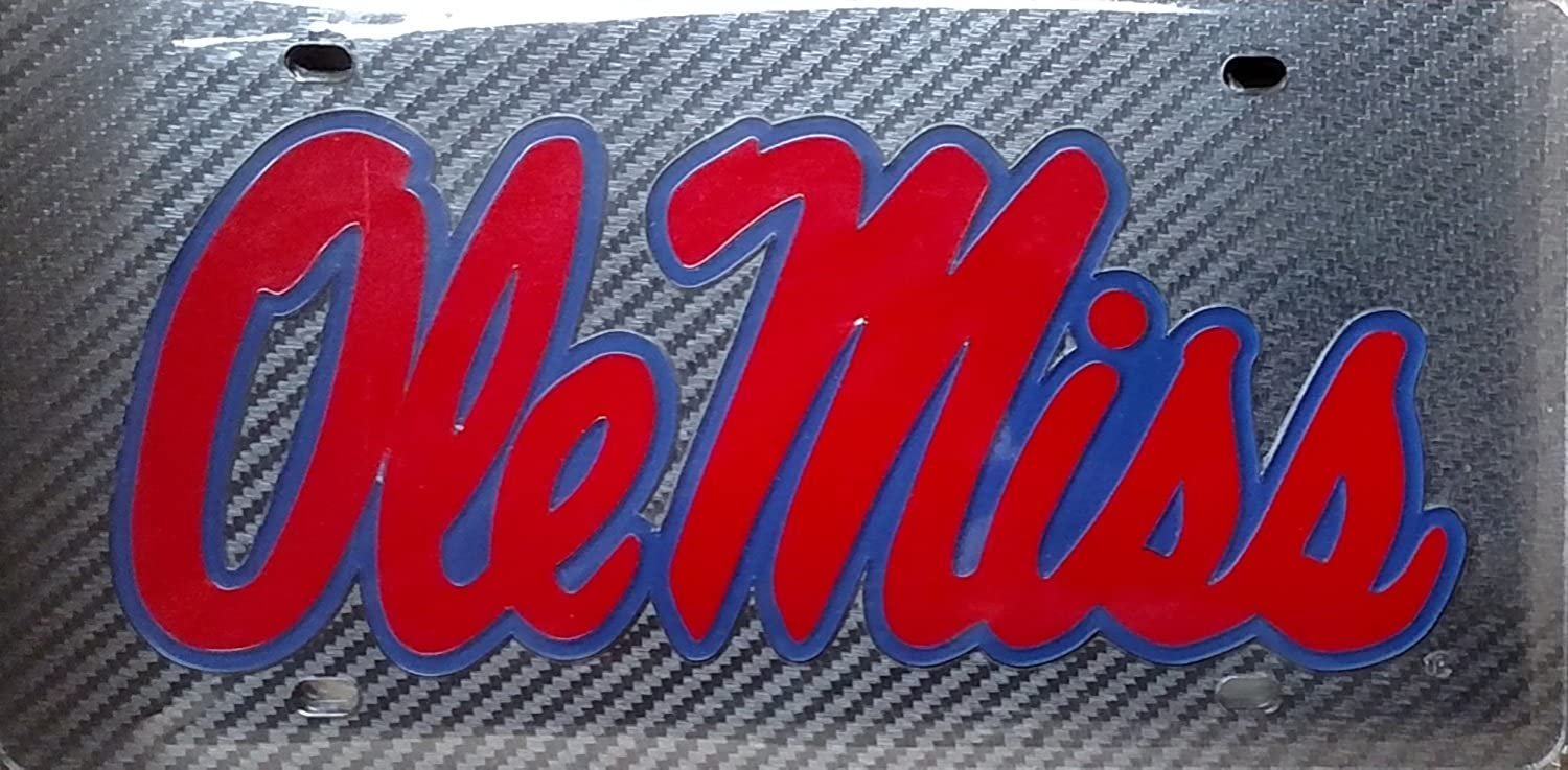 University of Mississippi Rebels Ole Miss Premium Laser Cut Tag License Plate, Carbon Fiber Design, Mirrored Acrylic Inlaid, 6x12 Inch 1