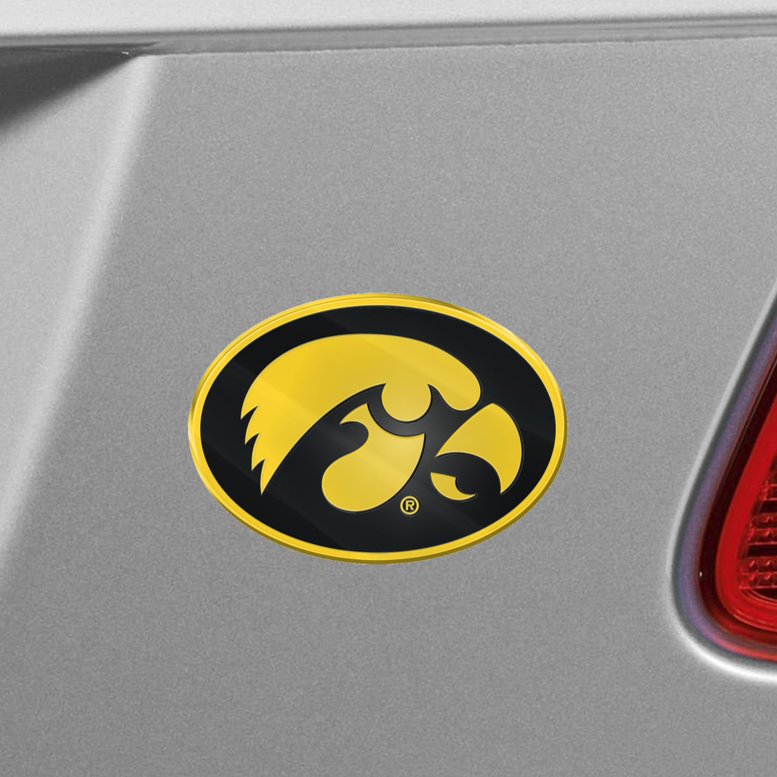 University of Iowa Hawkeyes Auto Emblem, Aluminum Metal, Embossed Team Color, Raised Decal Sticker, Full Adhesive Backing