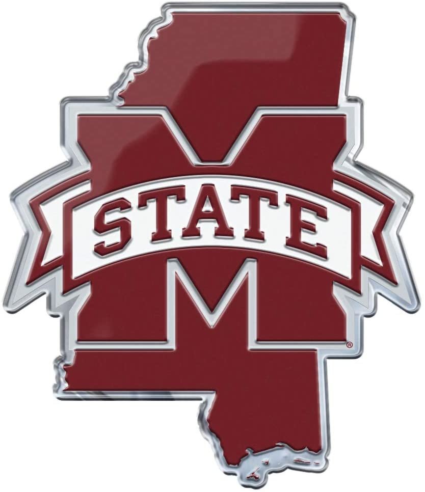 Mississippi State University Bulldogs Team State Design Auto Emblem, Aluminum Metal, Embossed Team Color, Raised Decal Sticker, Full Adhesive Backing