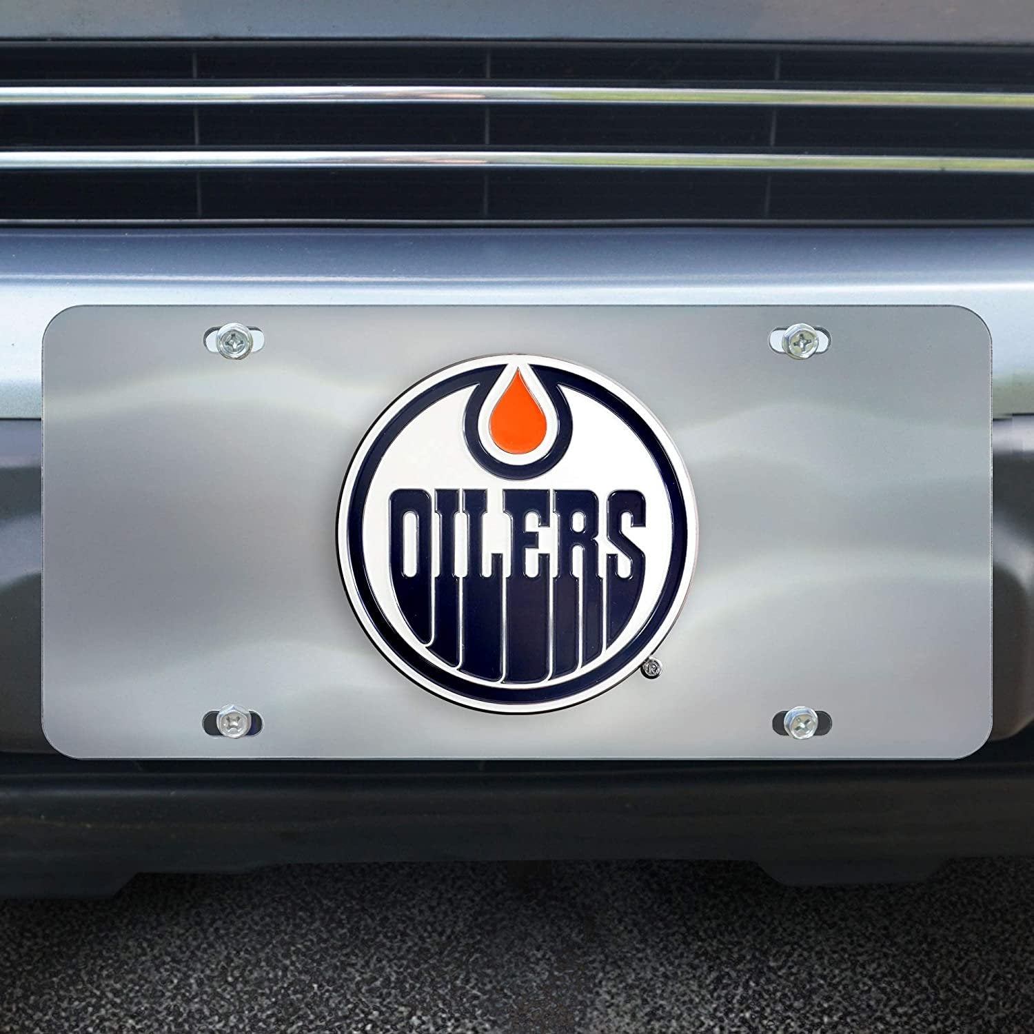 Edmonton Oilers License Plate Tag, Premium Stainless Steel Diecast, Chrome, Raised Solid Metal Color Emblem, 6x12 Inch