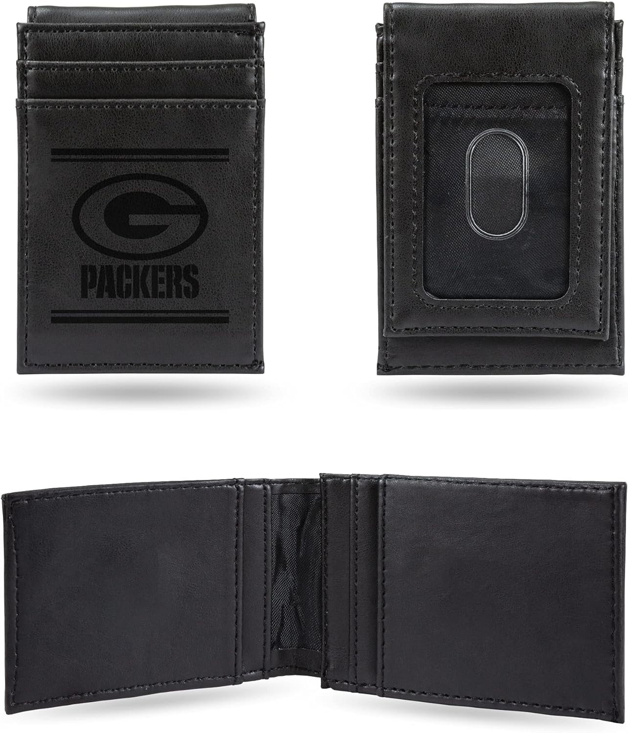 Green Bay Packers Premium Black Leather Wallet, Front Pocket Magnetic Money Clip, Laser Engraved, Vegan