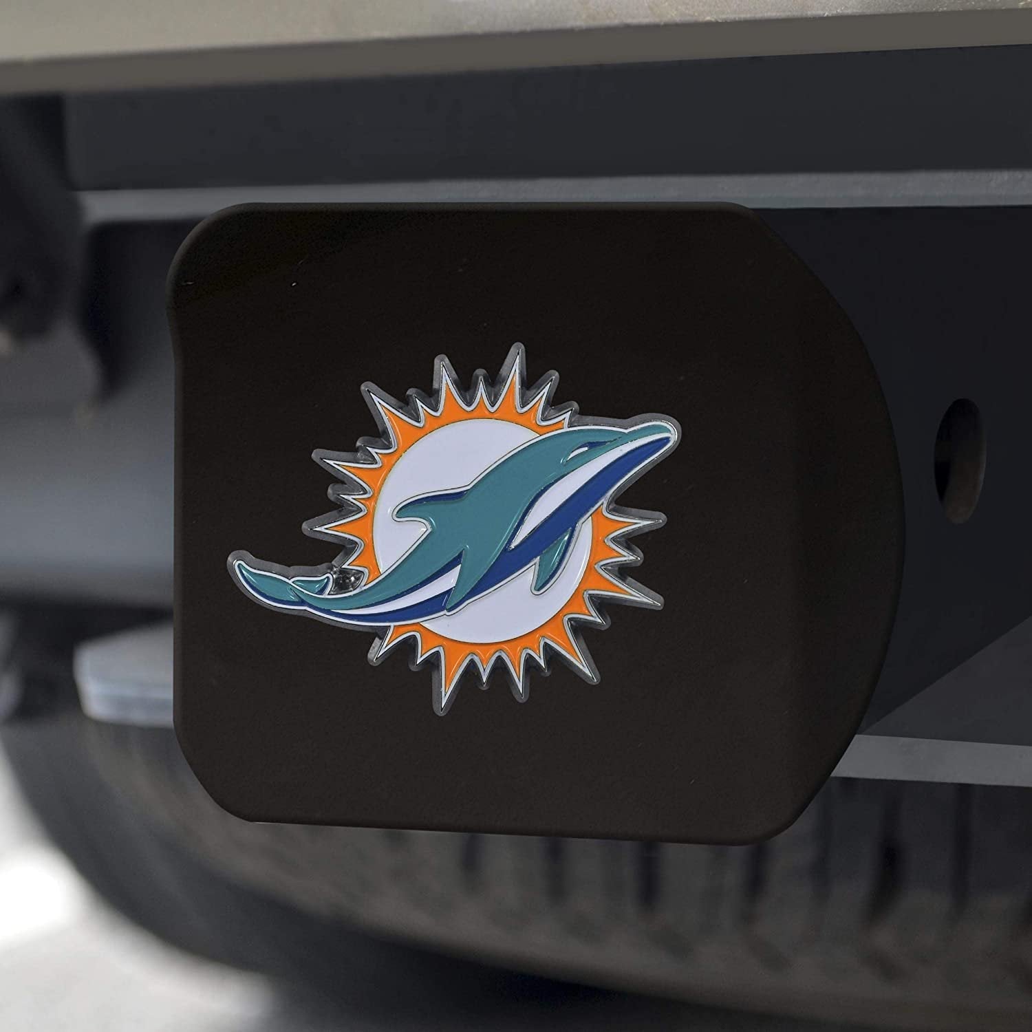 Miami Dolphins Hitch Cover Black Solid Metal with Raised Color Metal Emblem 2" Square Type III
