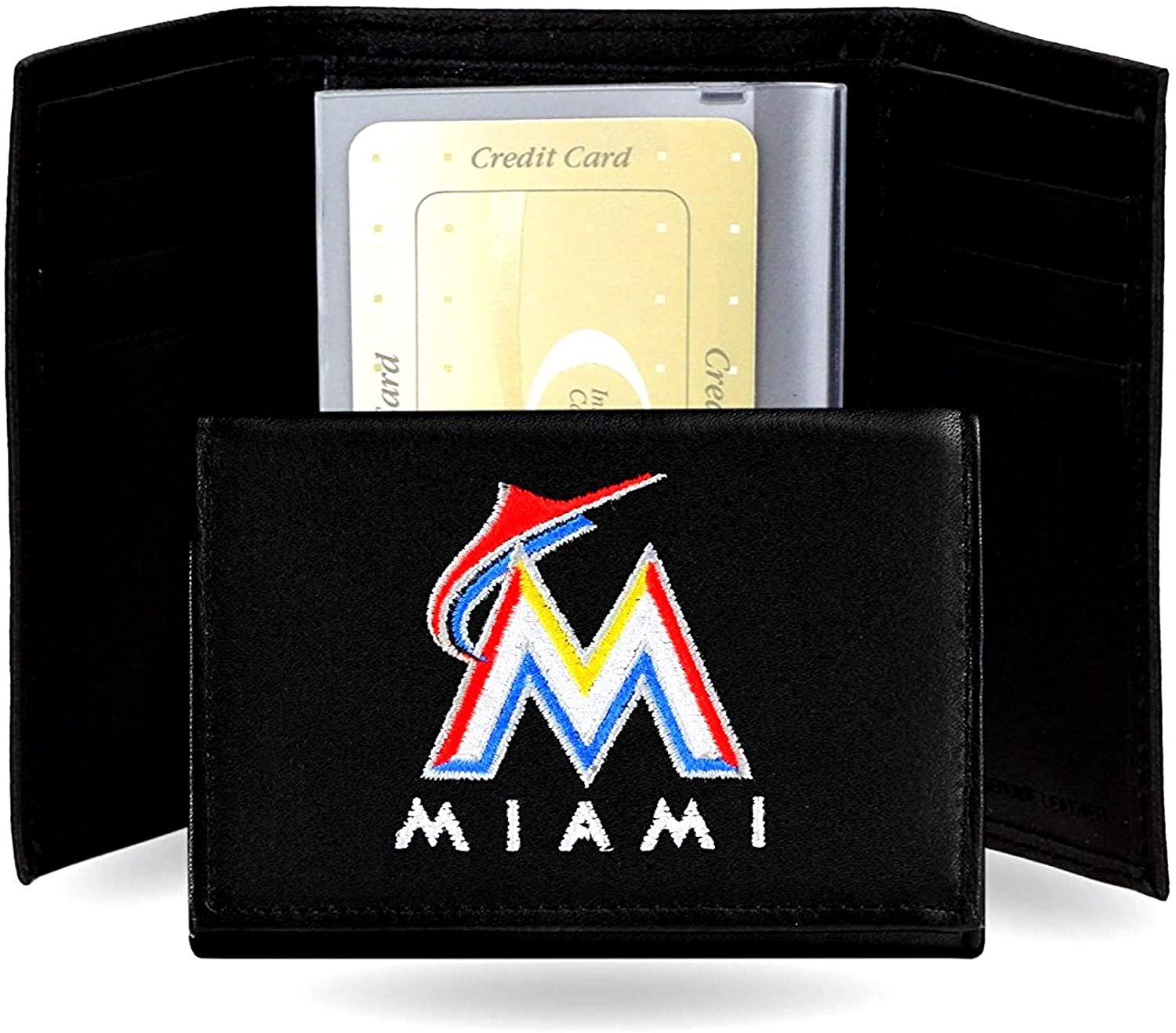 Miami Marlins Premium Black Leather Wallet, Bifold Billfold, Embroidered Logo 1