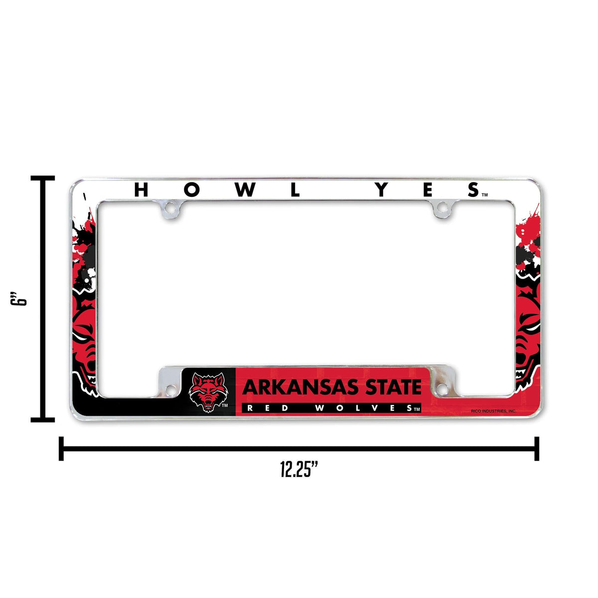 Arkansas State University Red Wolves Metal License Plate Frame Chrome Tag Cover, All Over Design, 6x12 Inch 6