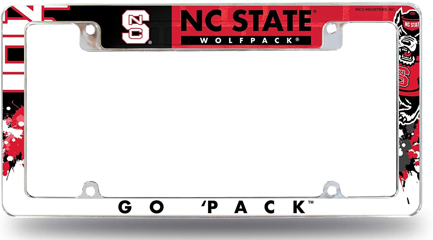 North Carolina State University Wolfpack Chrome Metal License Plate Frame Tag Cover, EZ View All Over Design, 12x6 Inch