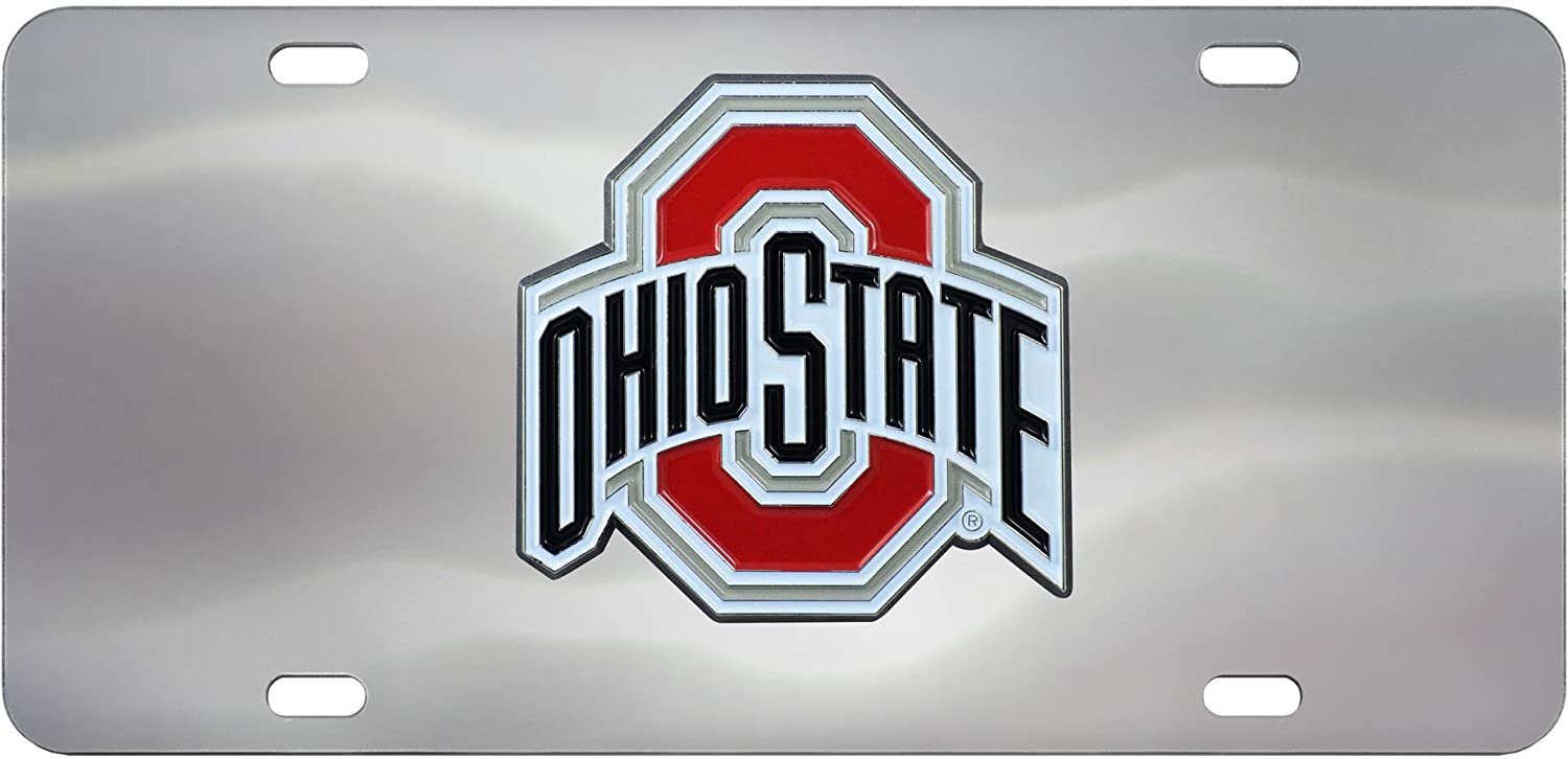 Ohio State University Buckeyes License Plate Tag, Premium Stainless Steel Diecast, Chrome, Raised Solid Metal Color Emblem, 6x12 Inch