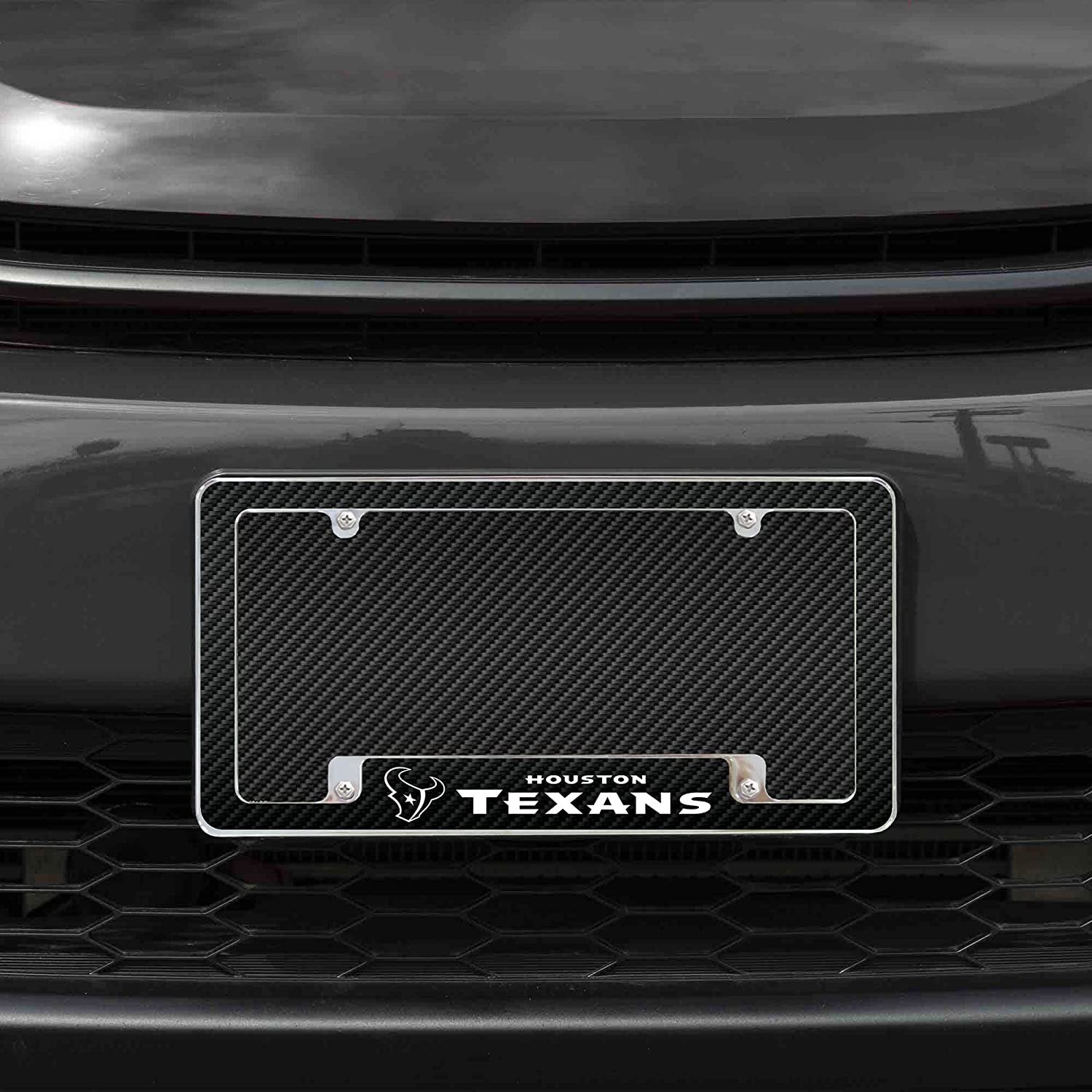 Houston Texans Metal License Plate Frame Chrome Tag Cover Carbon Fiber Design 6x12 Inch