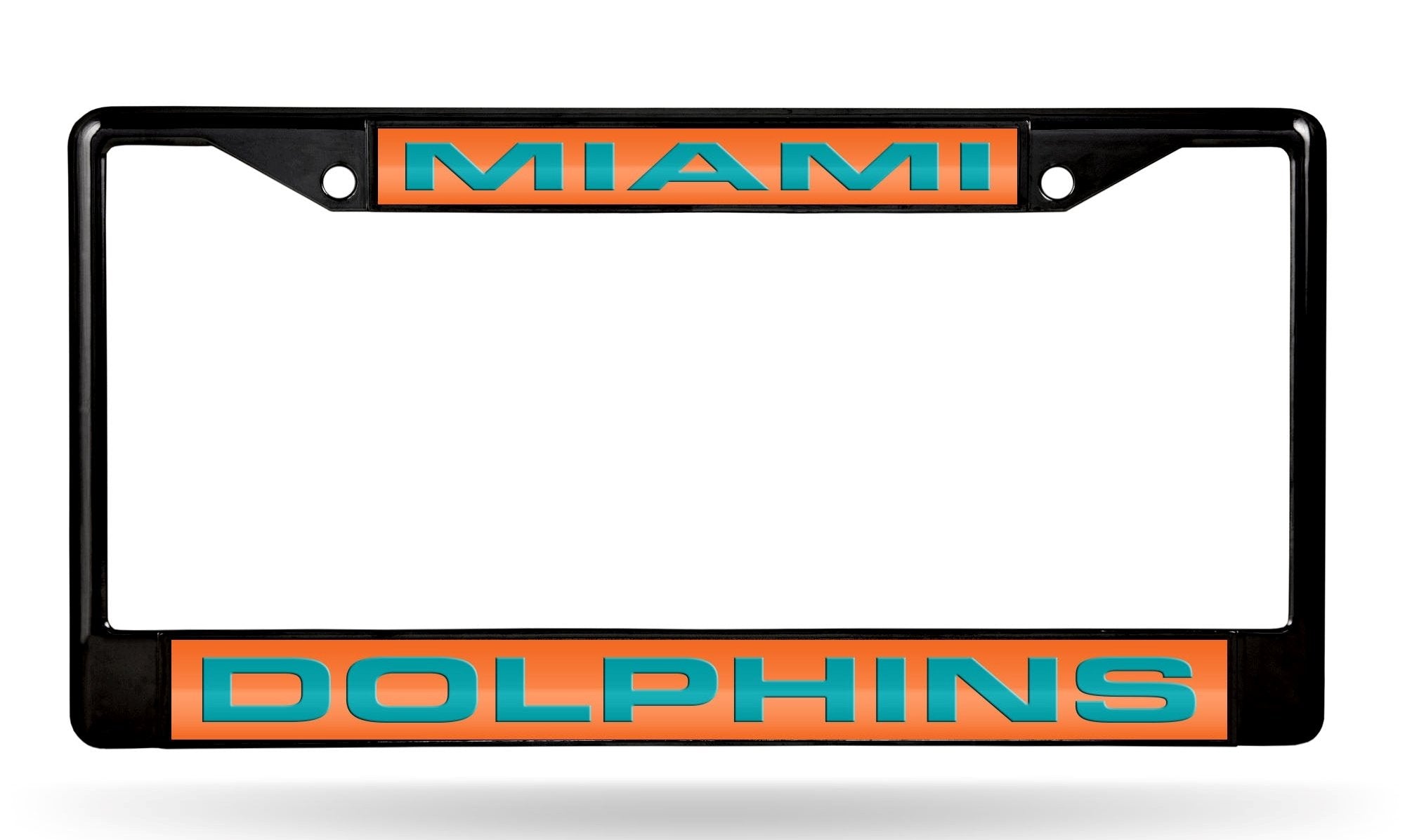 Miami Dolphins Black Metal License Plate Frame Tag Cover, Laser Acrylic Mirrored Inserts, 12x6 Inch 1