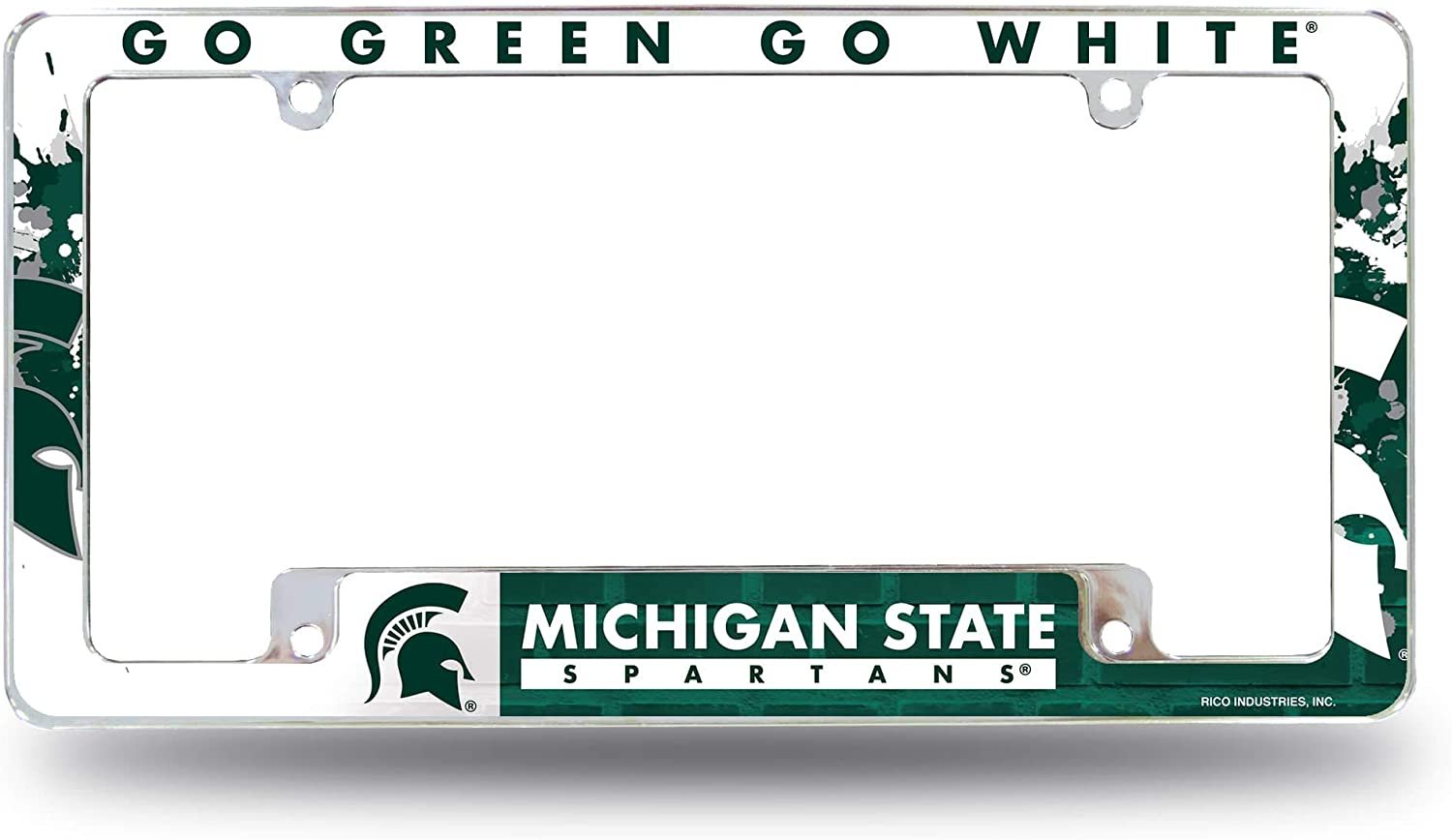 Michigan State University Spartans Metal License Plate Frame Chrome Tag Cover, All Over Design, 6x12 Inch
