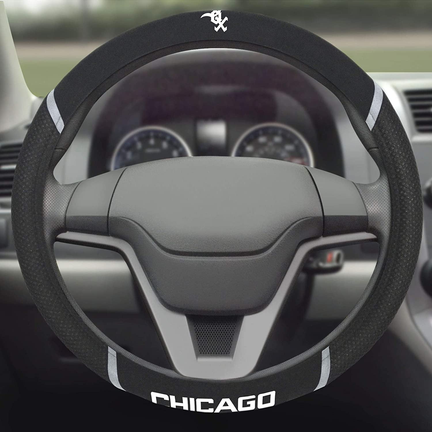 Chicago White Sox Steering Wheel Cover Premium Embroidered Black 15 Inch 3