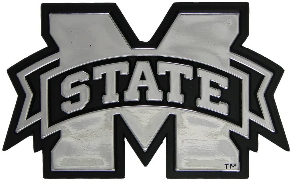 Mississippi State University Bulldogs Auto Emblem, Plastic Molded, Silver Chrome Color, Raised 3D Effect, Adhesive Backing