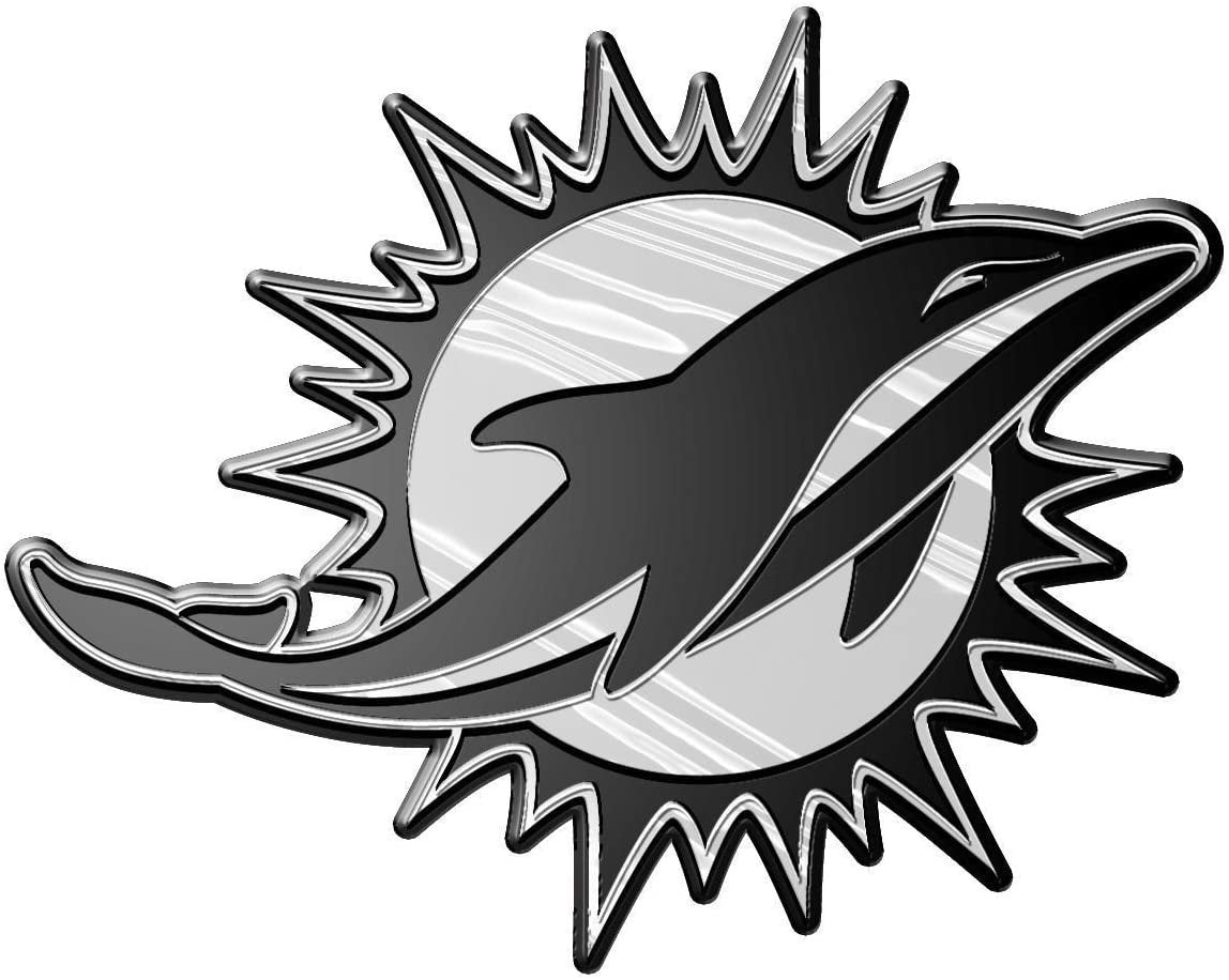 Miami Dolphins Auto Emblem, Plastic Molded, Silver Chrome Color, Raised 3D Effect, Adhesive Backing