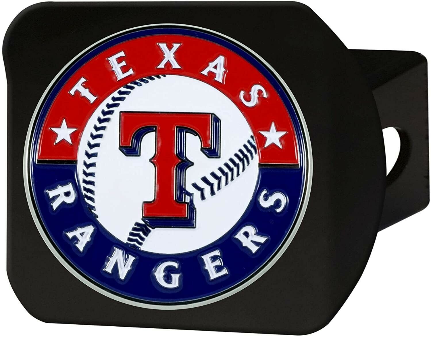 Texas Rangers Hitch Cover Black Solid Metal with Raised Color Metal Emblem 2" Square Type III