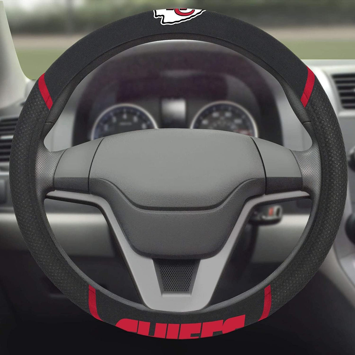 Kansas City Chiefs Steering Wheel Cover Premium Embroidered Black 15 Inch 3