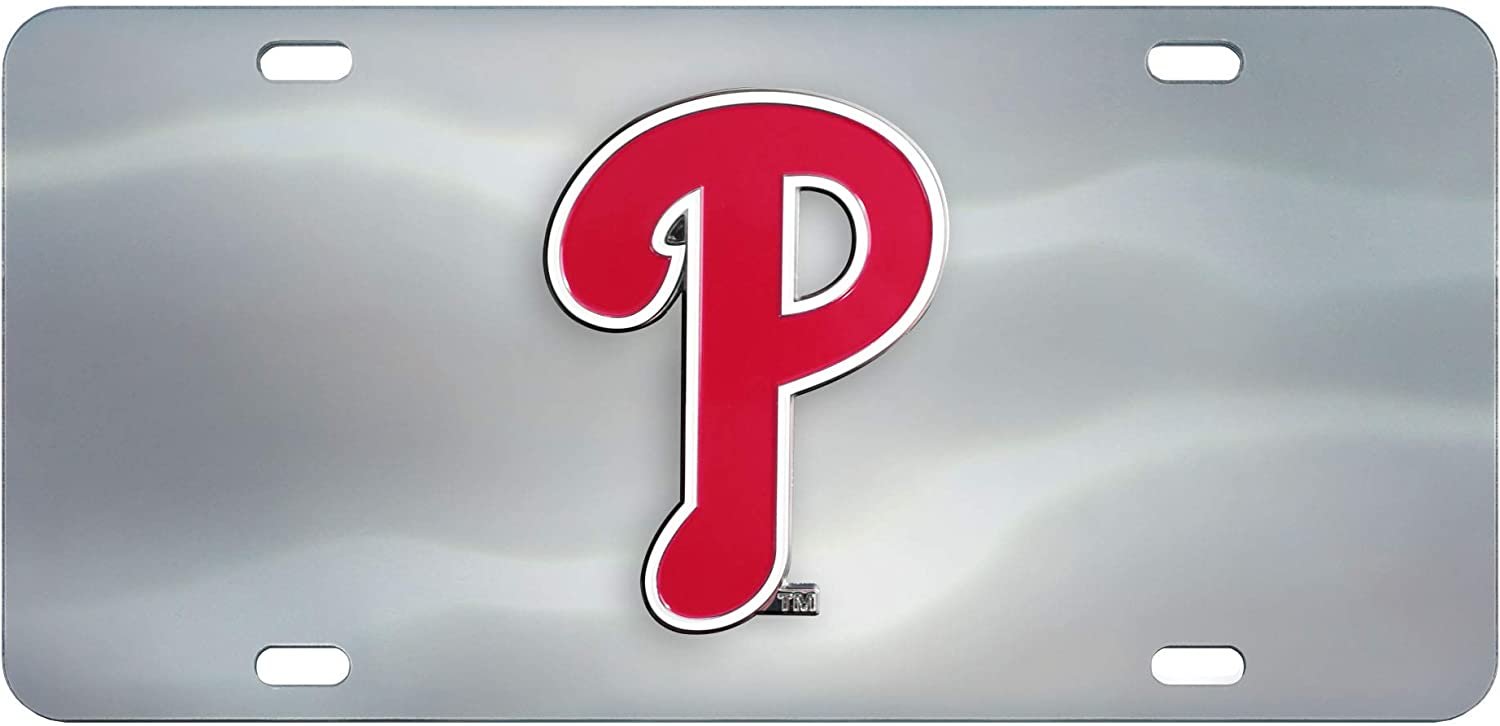 Philadelphia Phillies License Plate Tag, Premium Stainless Steel Diecast, Chrome, Raised Solid Metal Color Emblem, 6x12 Inch