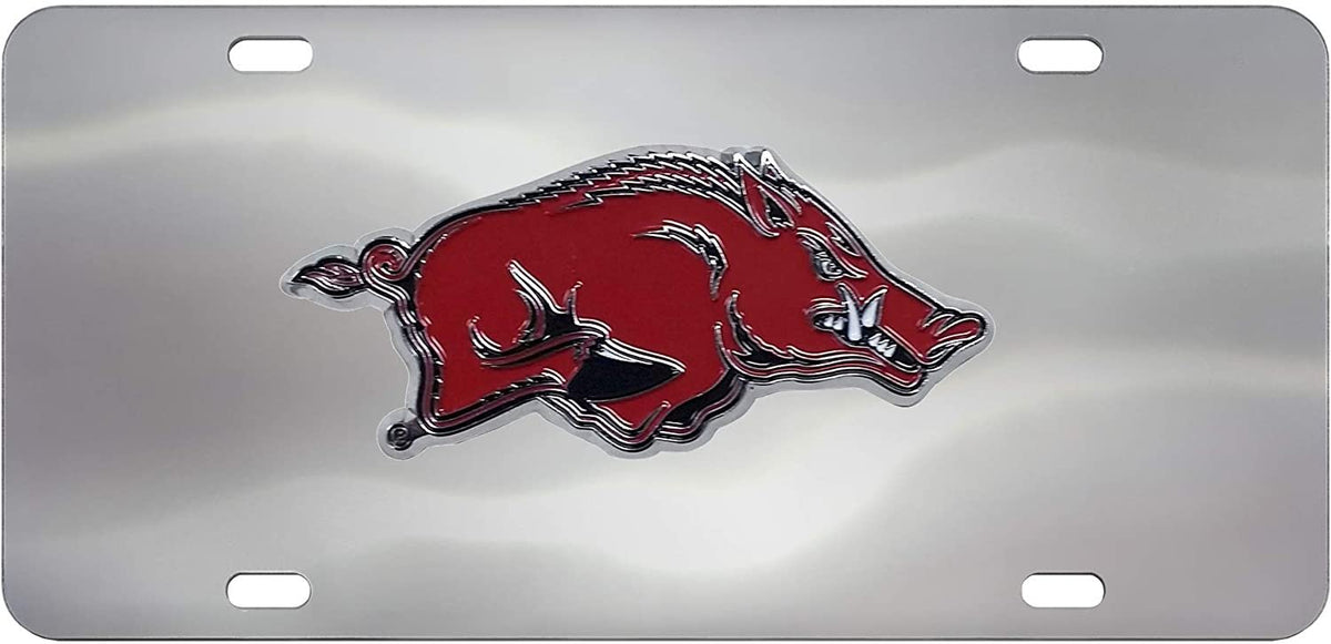 University of Arkansas Razorbacks License Plate Tag, Premium Stainless Steel Diecast, Chrome, Raised Solid Metal Color Emblem, 6x12 Inch