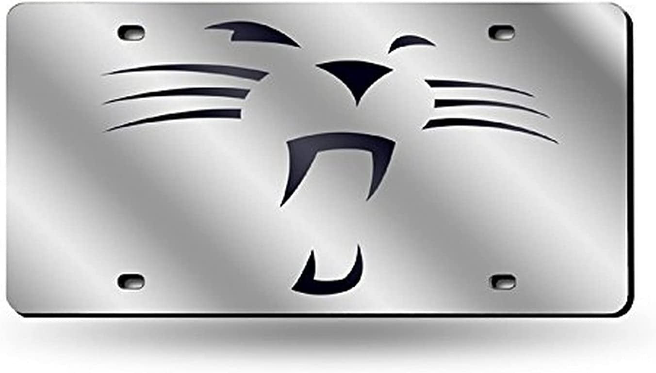 Carolina Panthers Premium Laser Cut Tag License Plate, Whiskers Logo, Mirrored Acrylic Inlaid, 12x6 Inch 1