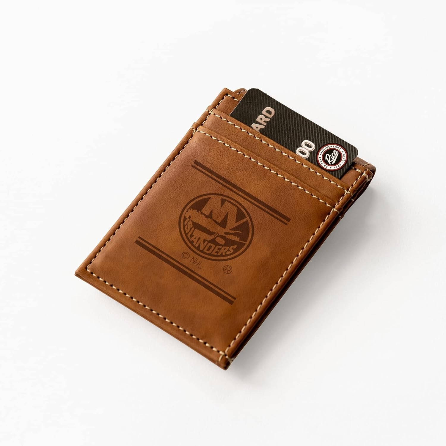 Rico Industries NHL New York Islanders Premium Laser Engraved Vegan Brown Leather Front Pocket Wallet - Compact and Slim yet Sturdy Design - Perfect to Show Your Team Pride or Gift