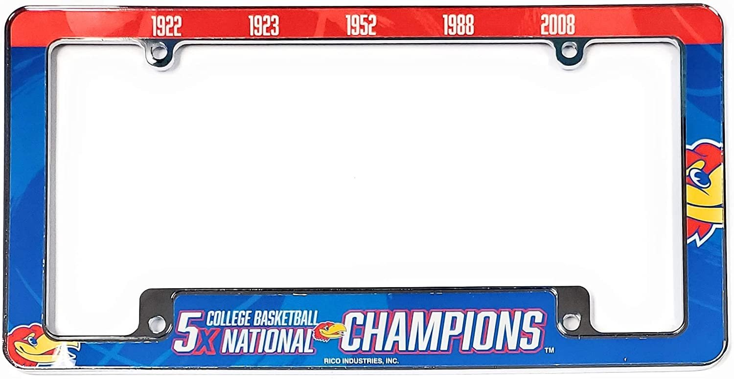 University of Kansas Jayhawks 5 Time Champions Metal License License Plate Frame Tag Cover, All Over Design, 12x6 Inch 1
