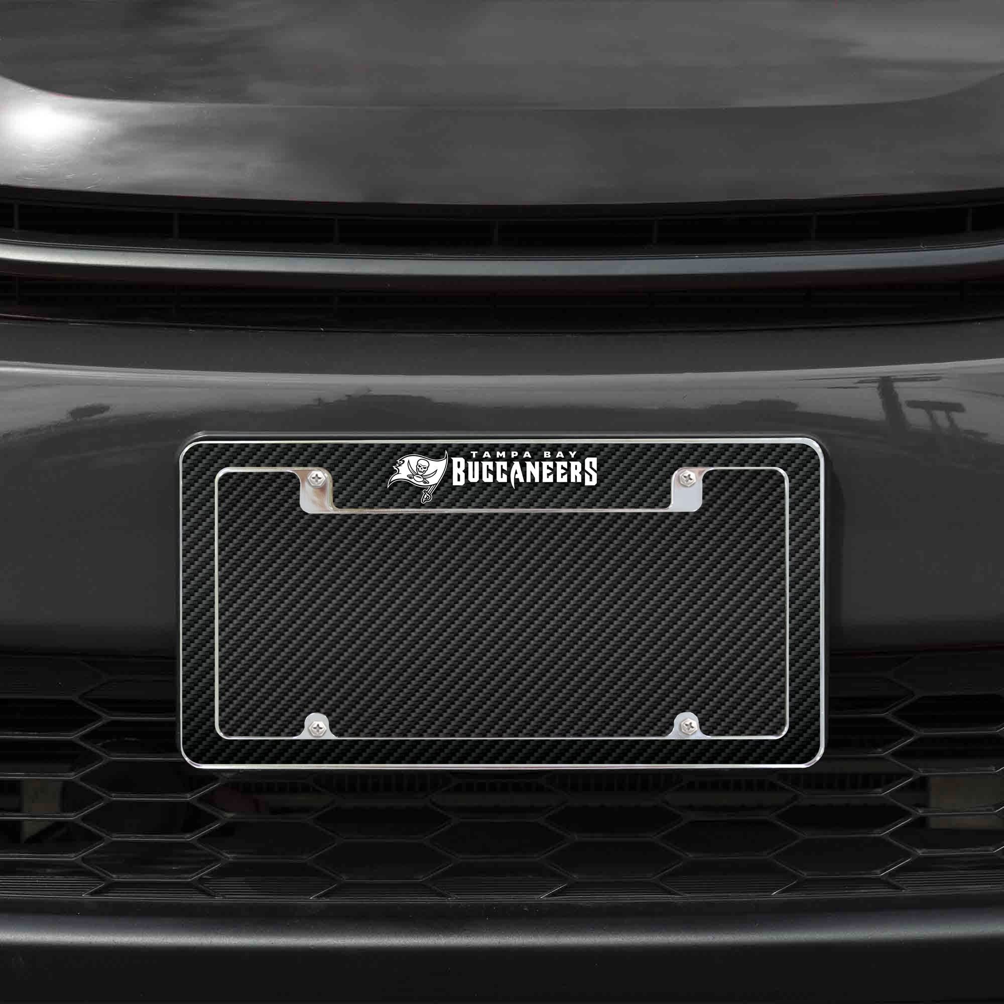 Tampa Bay Buccaneers Chrome Metal License Plate Frame Tag Cover, Carbon Fiber Design, 12x6 Inch