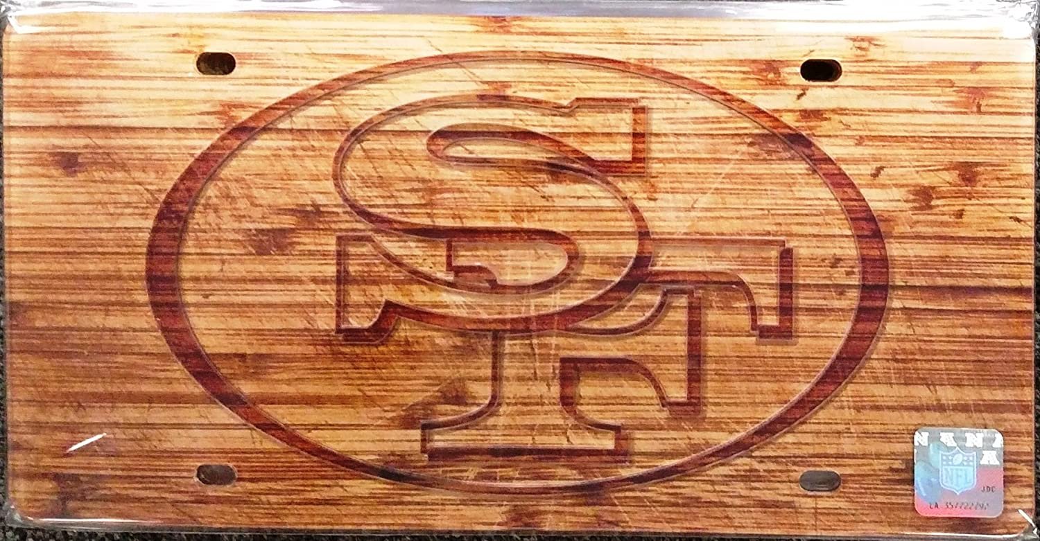 San Francisco 49ers Premium Laser Cut Tag License Plate, Woodgrain Design, Mirrored Acrylic Inlaid, 6x12 Inch
