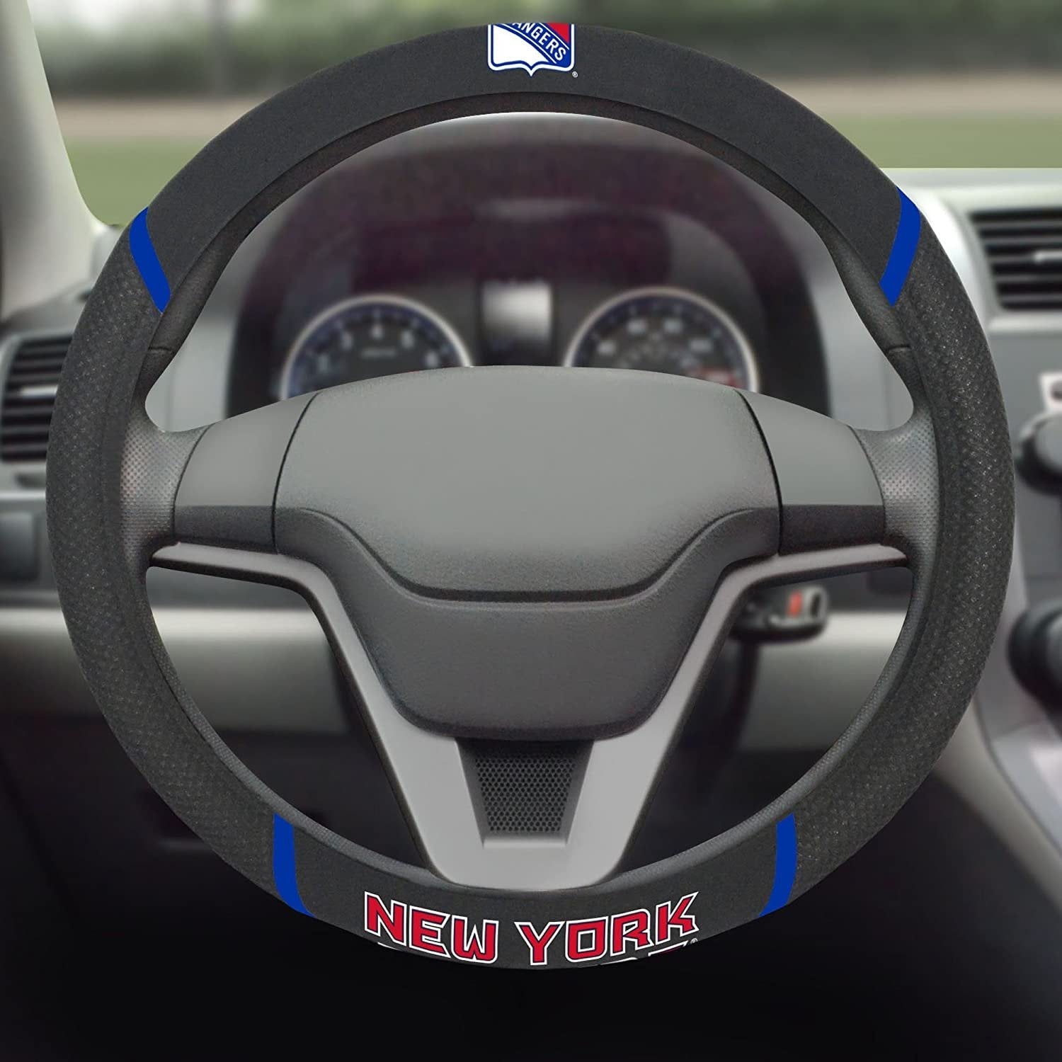 New York Rangers Steering Wheel Cover Premium Embroidered Black 15 Inch 3