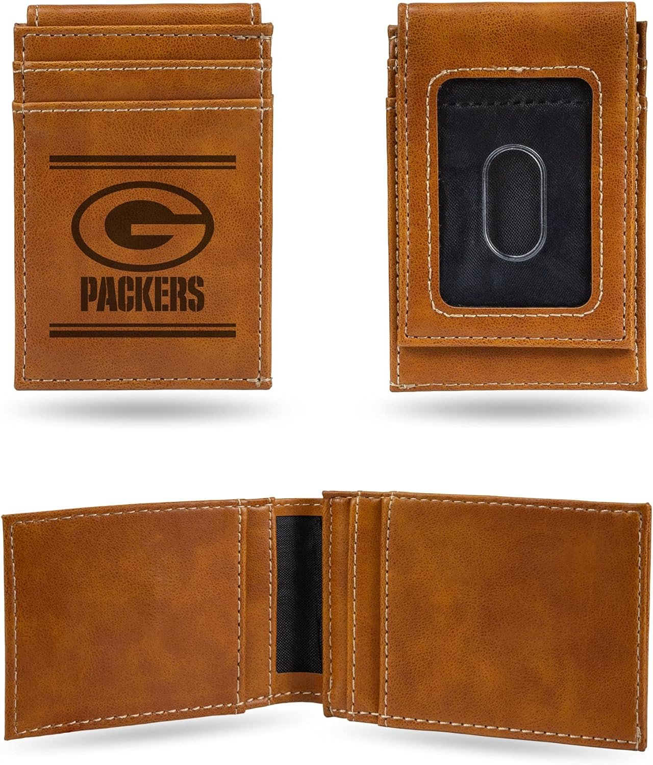 Rico Industries NFL Green Bay Packers Premium Laser Engraved Vegan Brown Leather Front Pocket Wallet - Compact and Slim yet Sturdy Design - Perfect to Show Your Team Pride or Gift 1