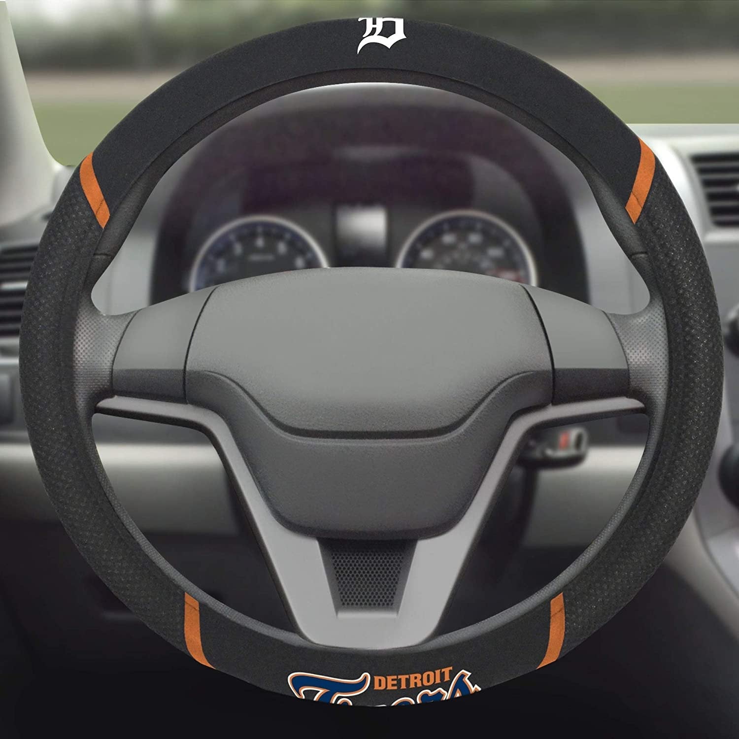 Detroit Tigers Steering Wheel Cover Premium Embroidered Black 15 Inch 3