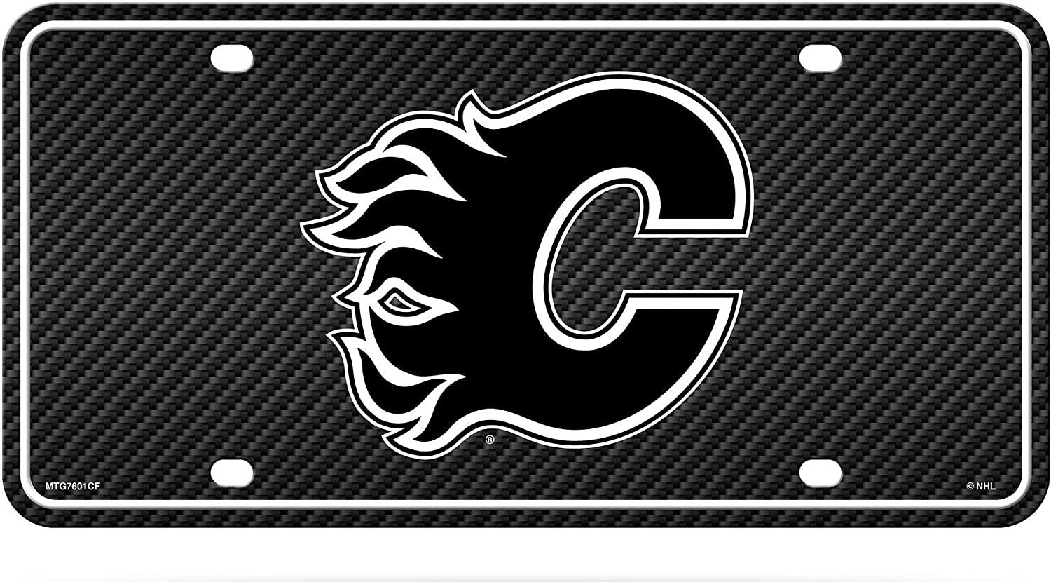 Calgary Flames Metal Auto Tag License Plate, Carbon Fiber Design, 6x12 Inch