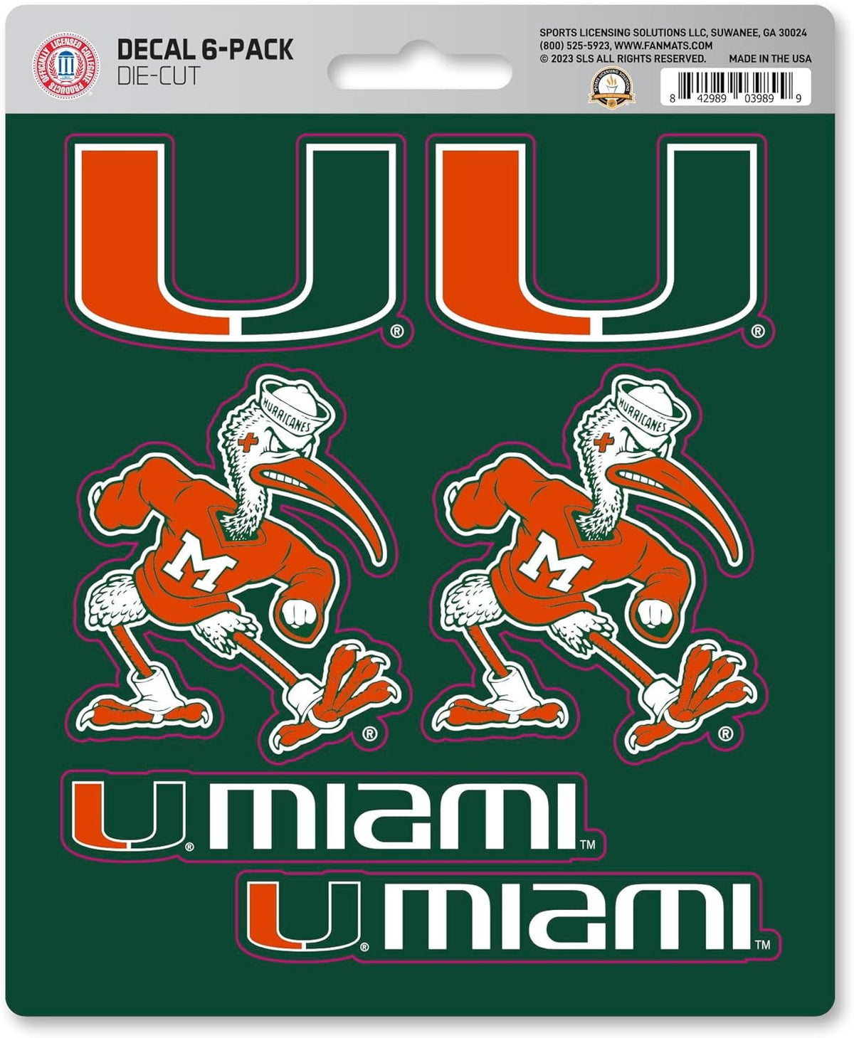 University of Miami Hurricanes 6-Piece Decal Sticker Set, 5x6 Inch Sheet, Gift for football fans for any hard surfaces around home, automotive, personal items 1