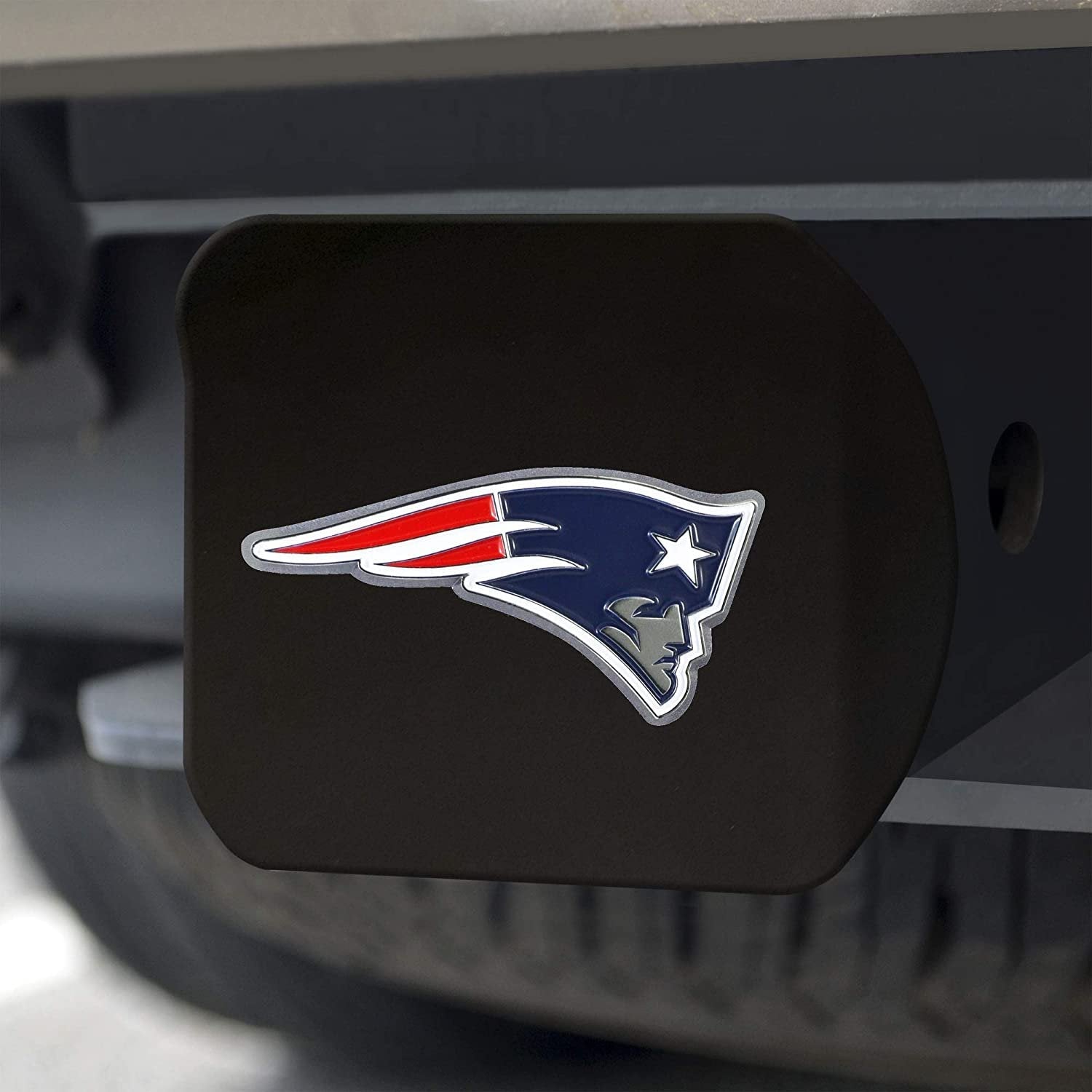 New England Patriots Hitch Cover Black Solid Metal with Raised Color Metal Emblem 2" Square Type III