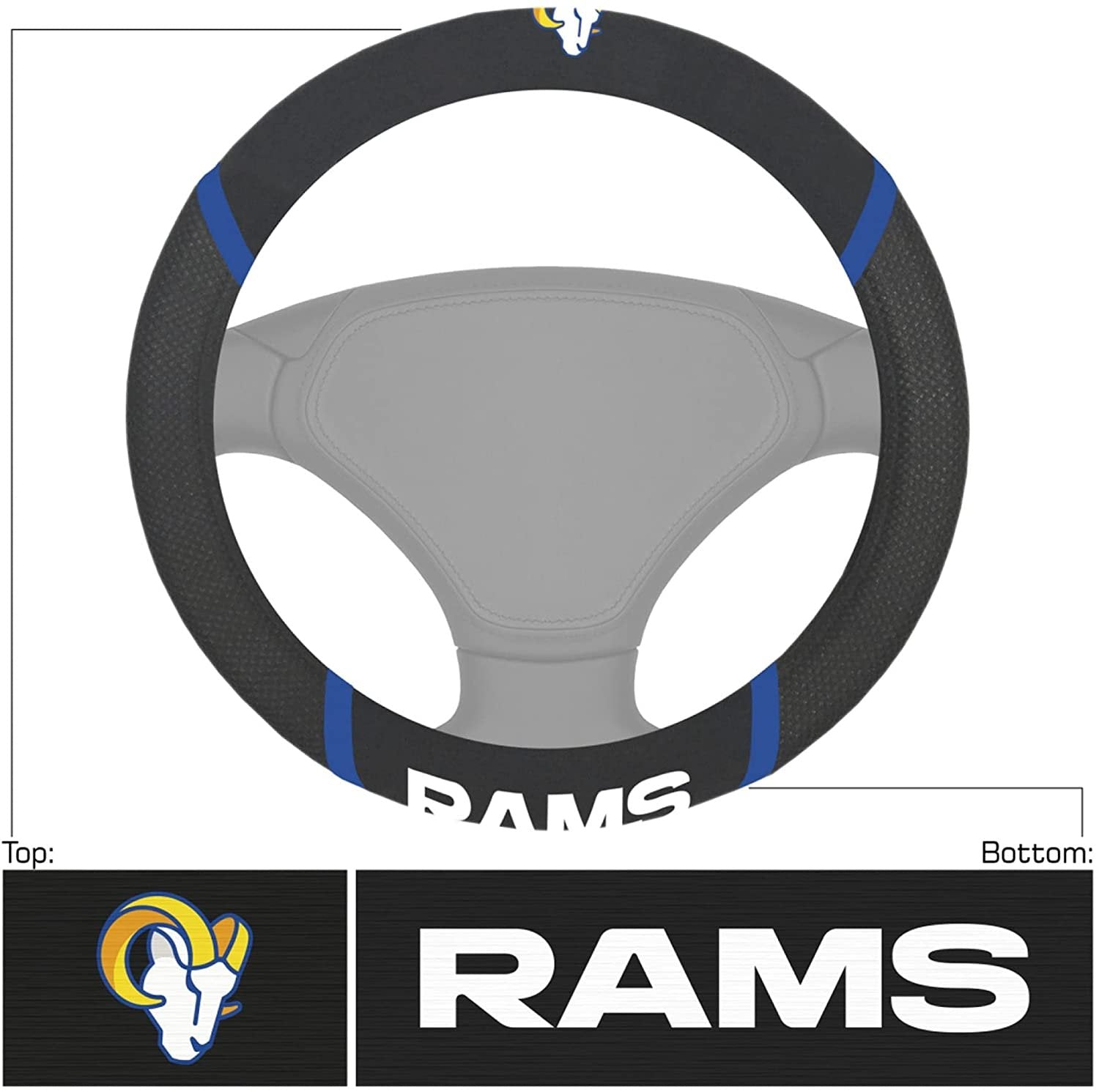 Los Angeles Rams Steering Wheel Cover Premium Black Embroidered 15 Inch 1