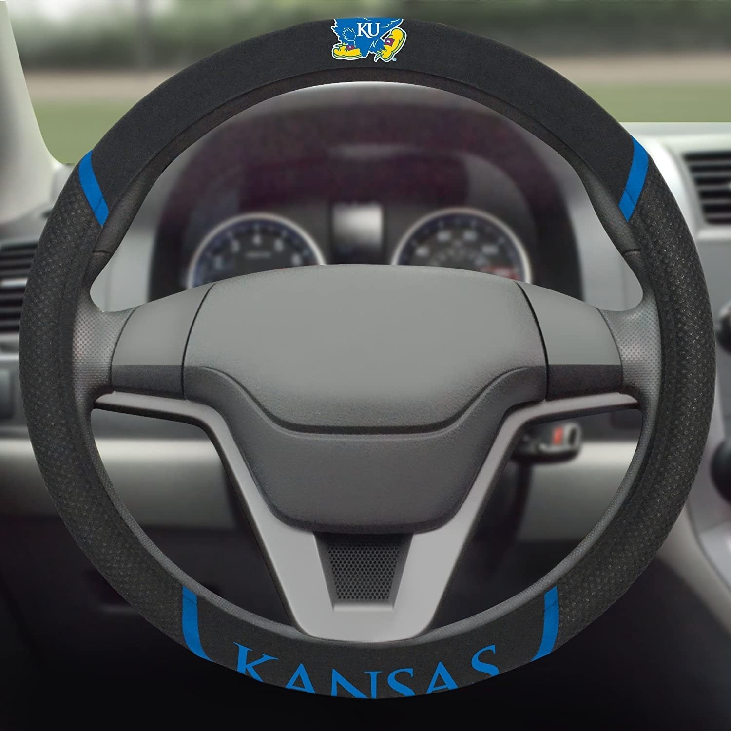 Kansas Jayhawks Steering Wheel Cover Premium Embroidered Black 15 Inch University of 3