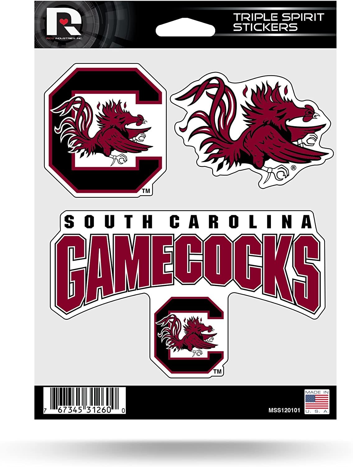 South Carolina Gamecocks Die Cut 3-Piece Triple Spirit Sticker Sheet 1