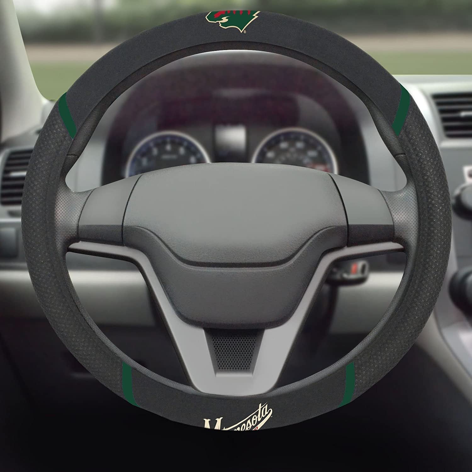 Minnesota Wild Steering Wheel Cover Premium Embroidered Black 15 Inch 3