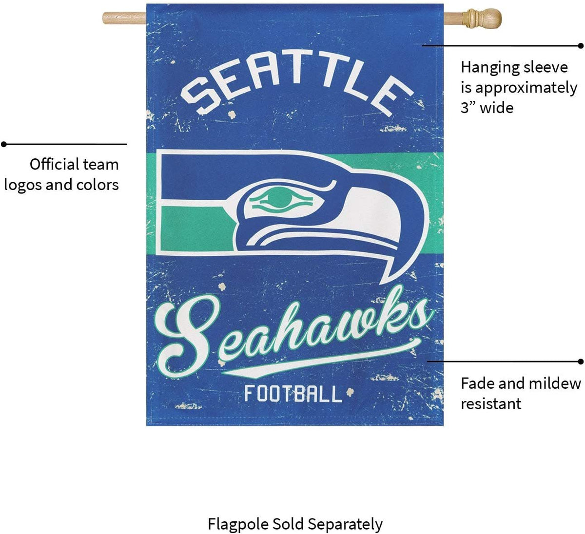 Seattle Seahawks House Banner Flag, Premium Double Sided, 28x44 Inch, Vintage Design, Linen, Indoor Outdoor 5