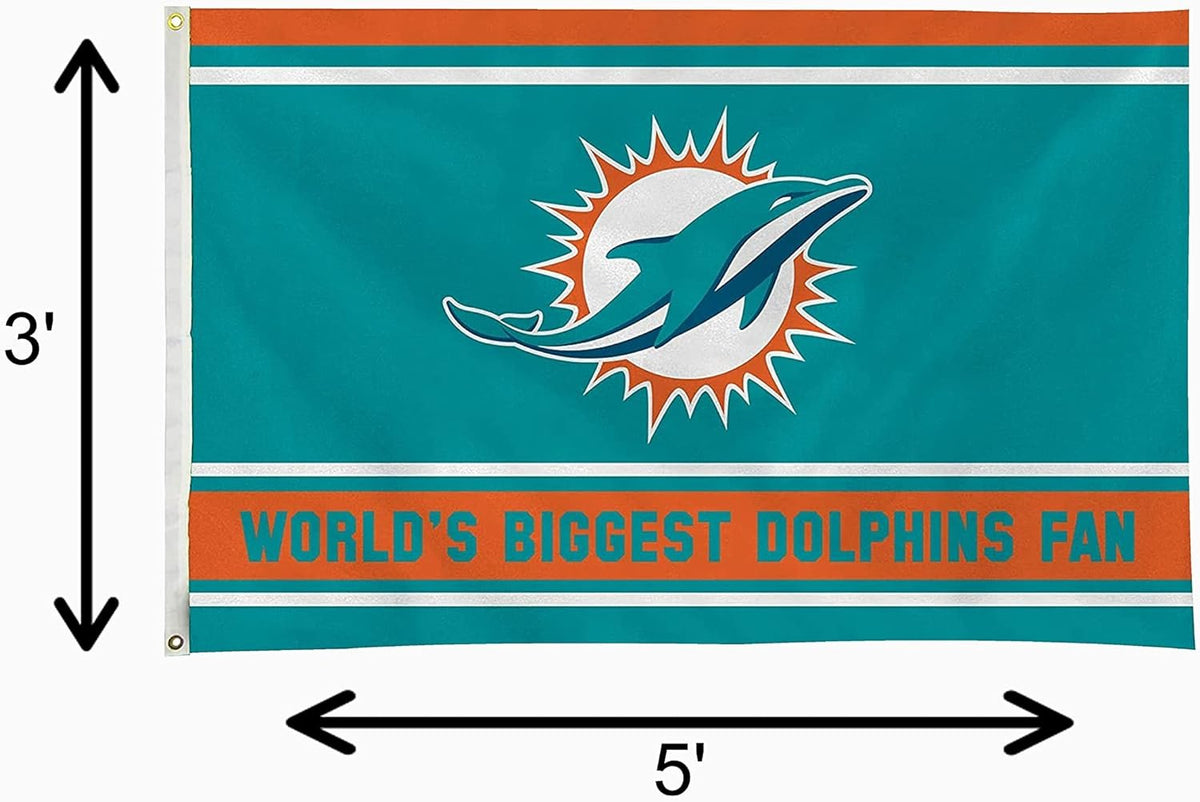 Miami Dolphins 3x5 Feet Flag Banner, World's Biggest Fan, Metal Grommets, Single Sided, Indoor or Outdoor Use 7