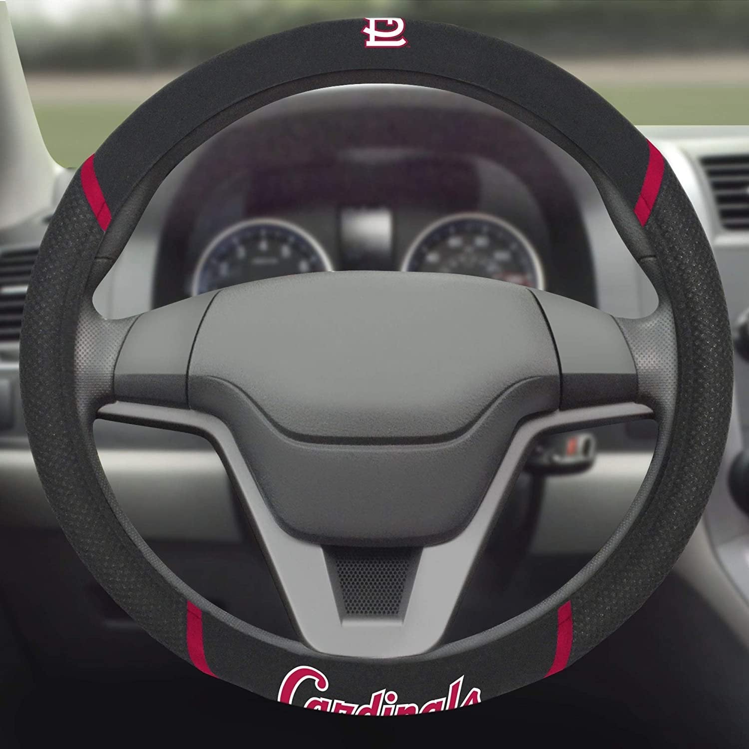 St Louis Cardinals Steering Wheel Cover Premium Embroidered Black 15 Inch 3