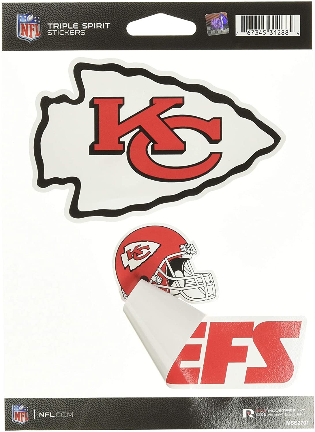 NFL Rico Industries Die Cut 3-Piece Triple Spirit Sticker Sheet, Kansas City Chiefs Team Color, 5 x 7-inches 3