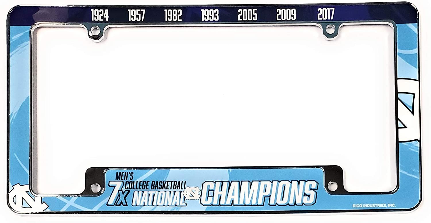 University of North Carolina Tar Heels UNC 7X Time Champions License Plate Frame Tag Cover Metal Chrome EZ View All Over Design Heavy Gauge 1