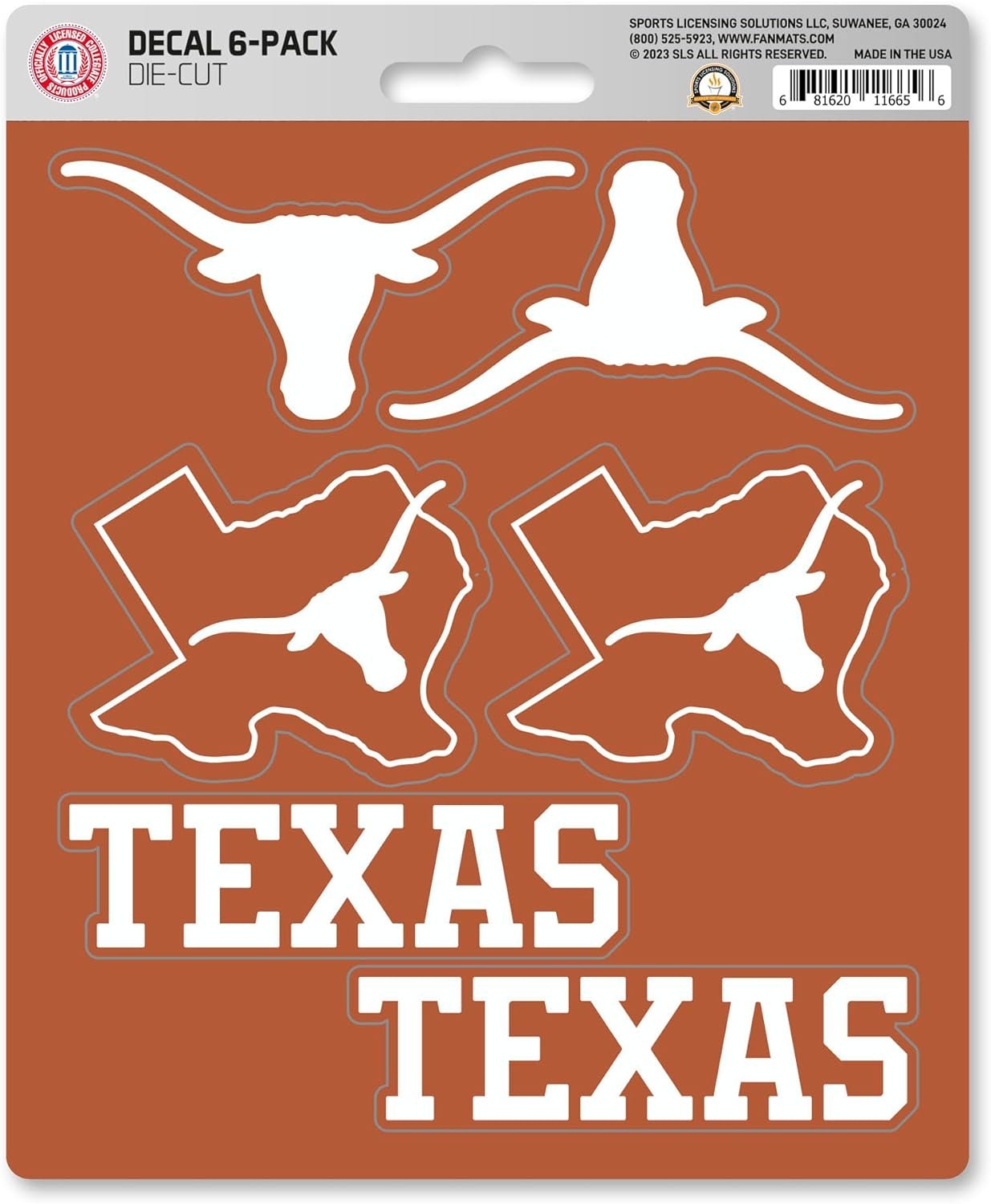 University of Texas Longhorns 6-Piece Decal Sticker Set, 5x6 Inch Sheet, Gift for football fans for any hard surfaces around home, automotive, personal items 1