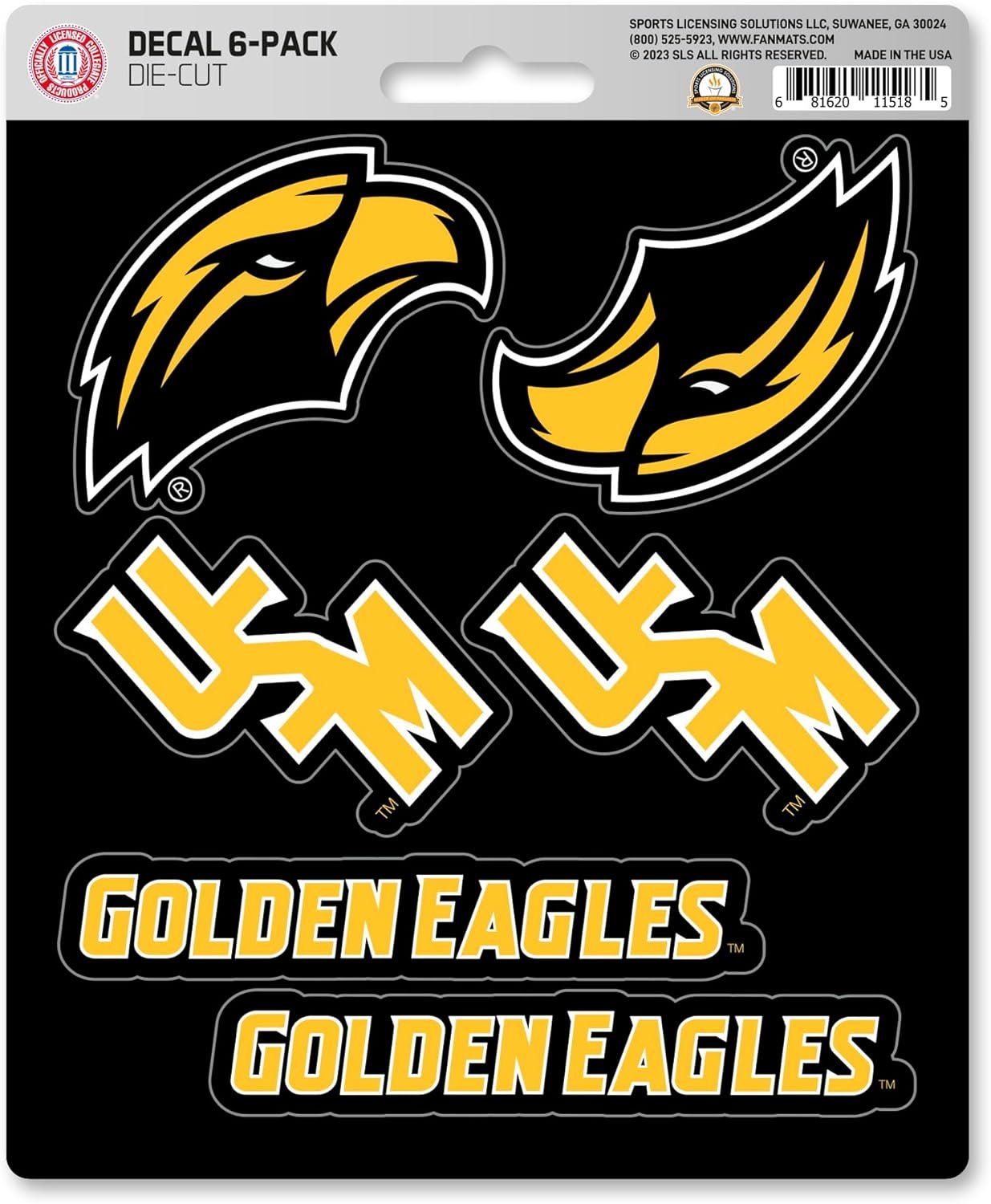 University of Southern Mississippi Golden Eagles 6-Piece Decal Sticker Set, 5x6 Inch Sheet, Gift for football fans for any hard surfaces around home, automotive, personal items 1